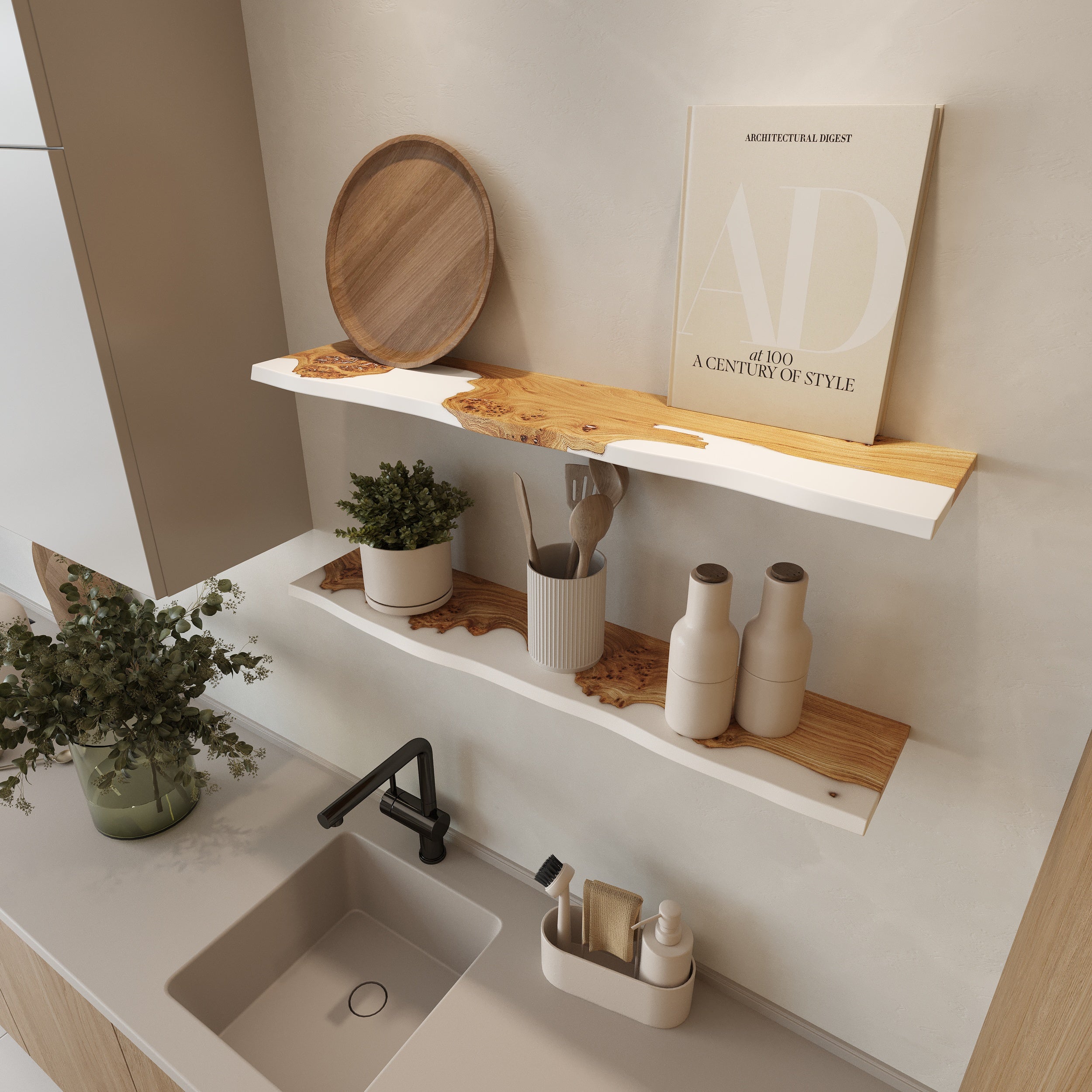 White Epoxy & Dark Wood Floating Shelf
