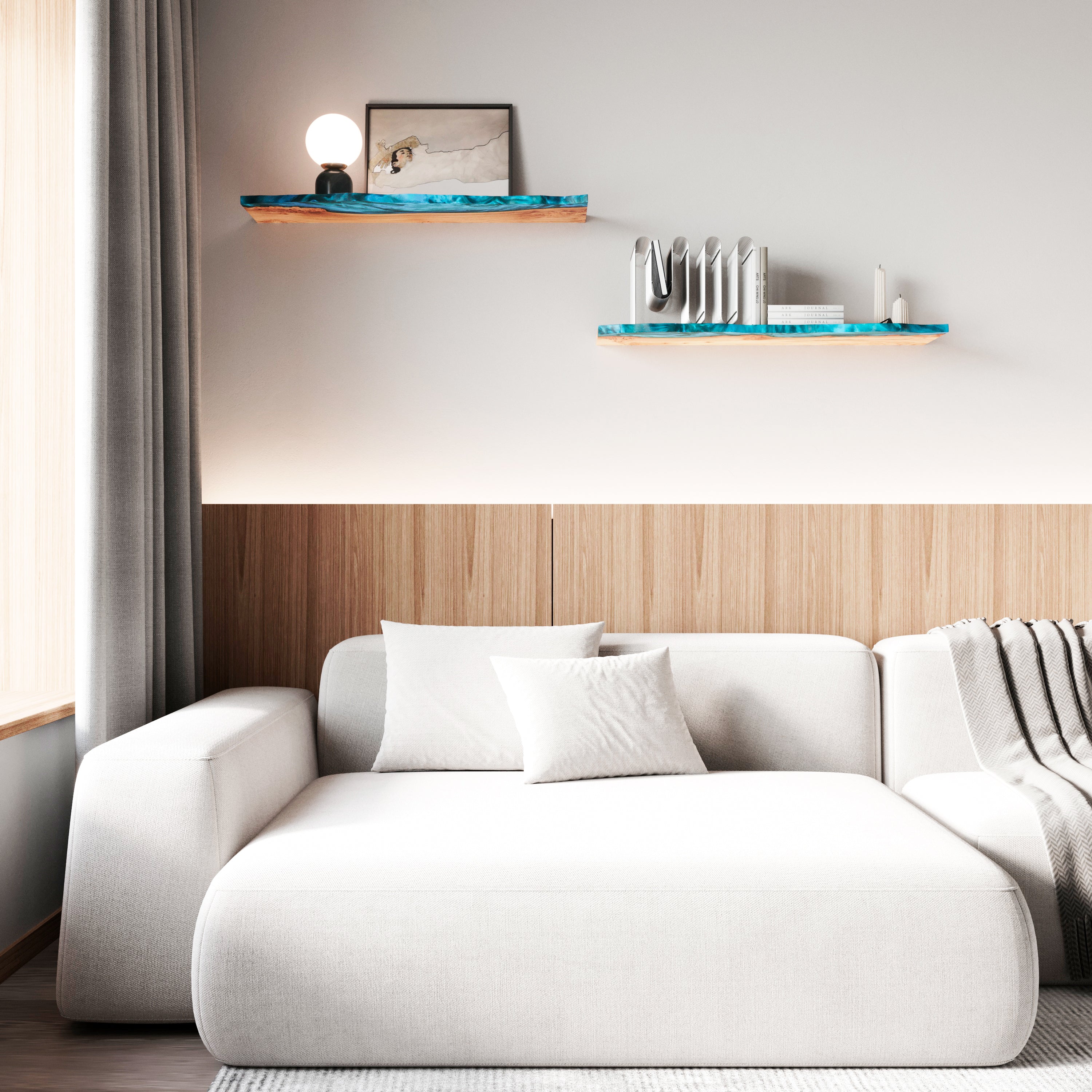 Sky Blue Epoxy & Dark Wood Floating Shelf