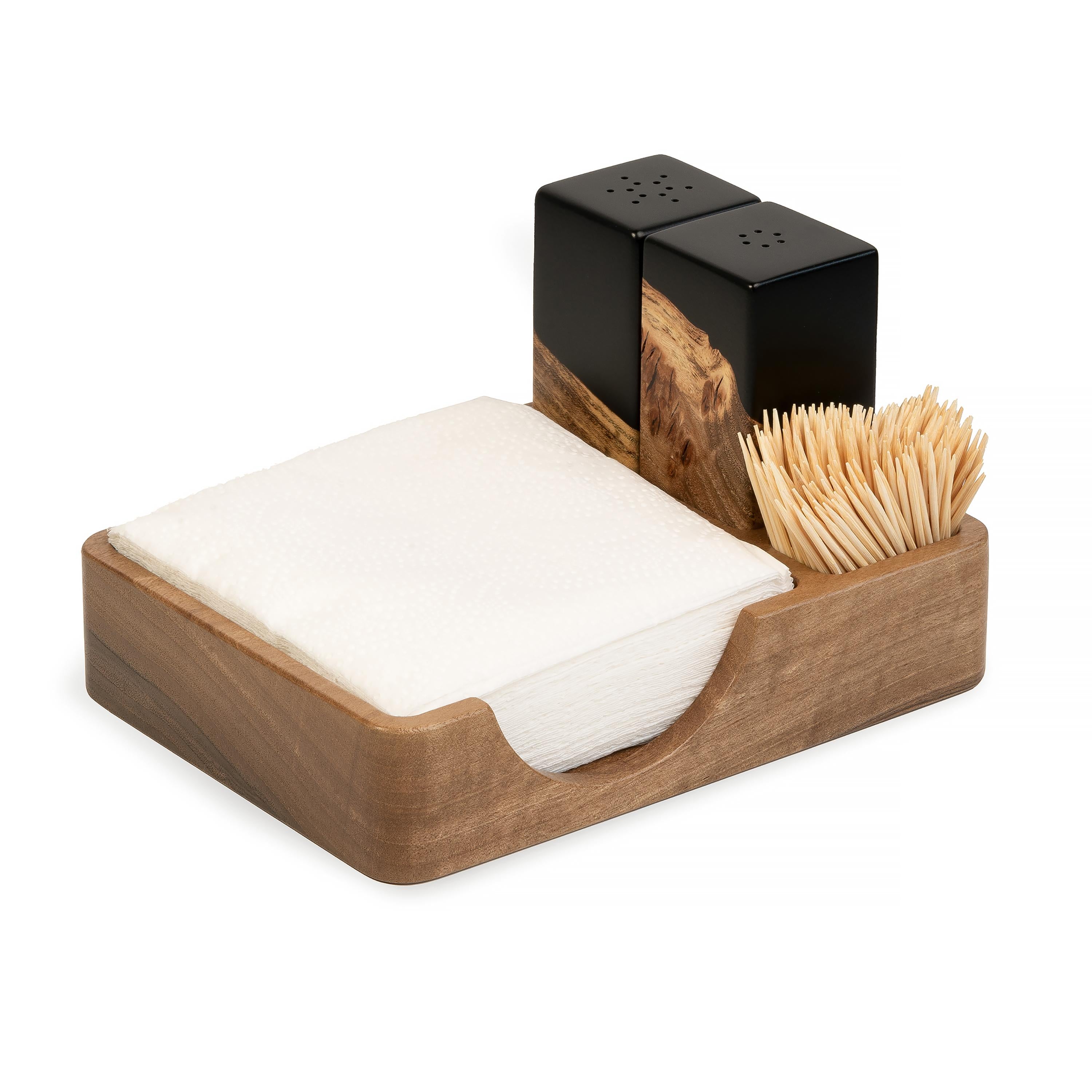 Wood & Resin Salt and Pepper Shaker Caddy Set – Elm Black
