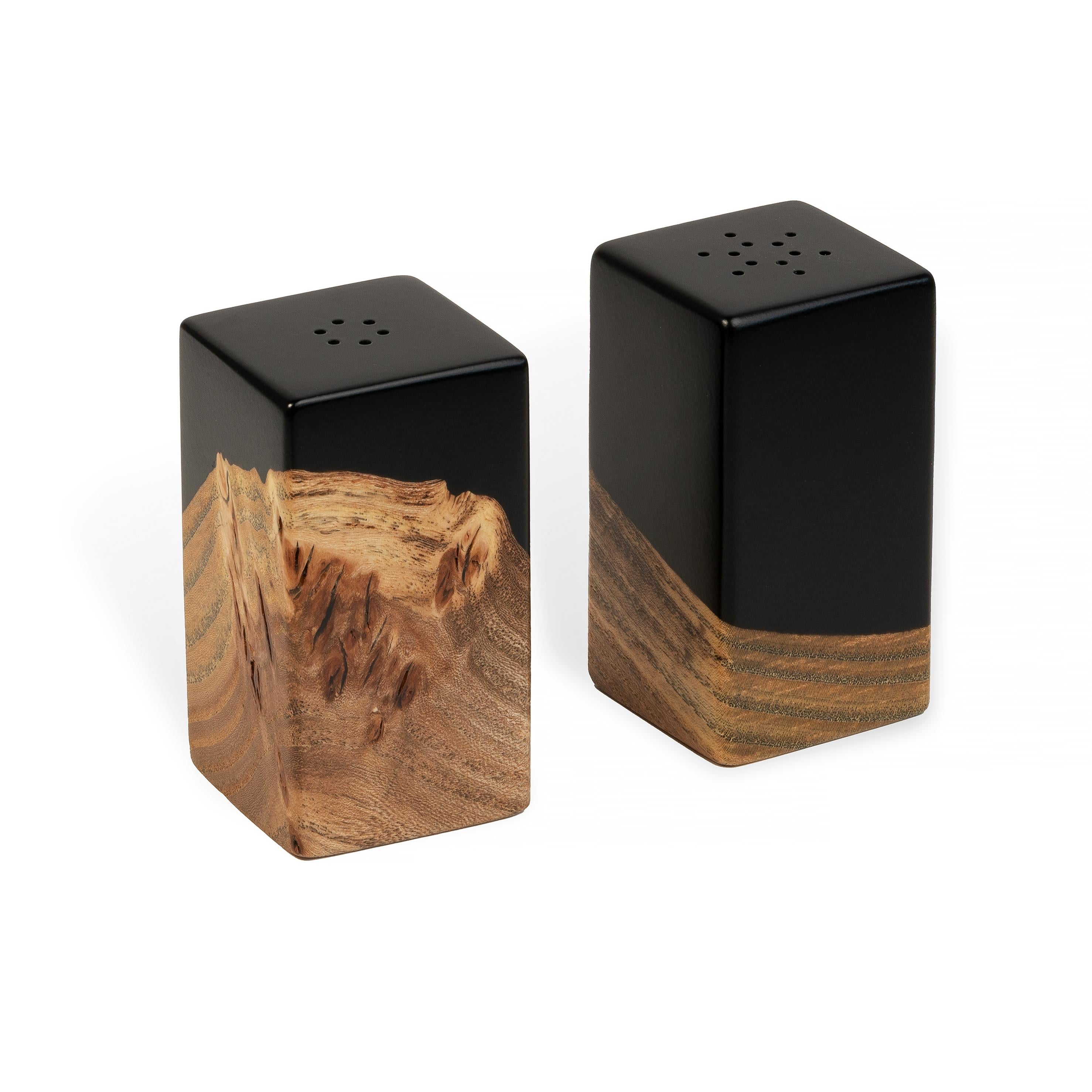 Wood & Resin Salt and Pepper Shaker Caddy Set – Elm Black