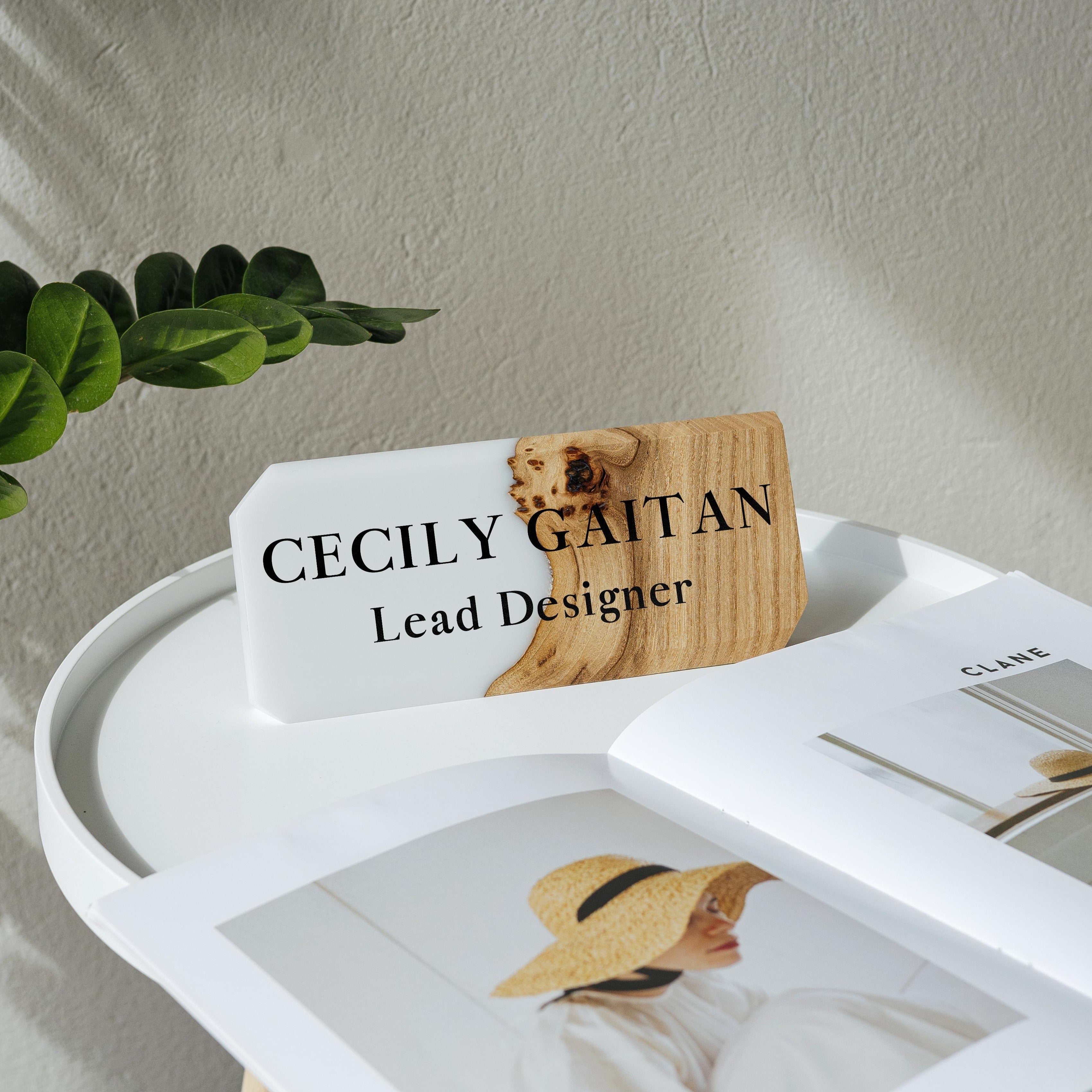 Wood & Resin Desk Name Plate MODERN – Elm White