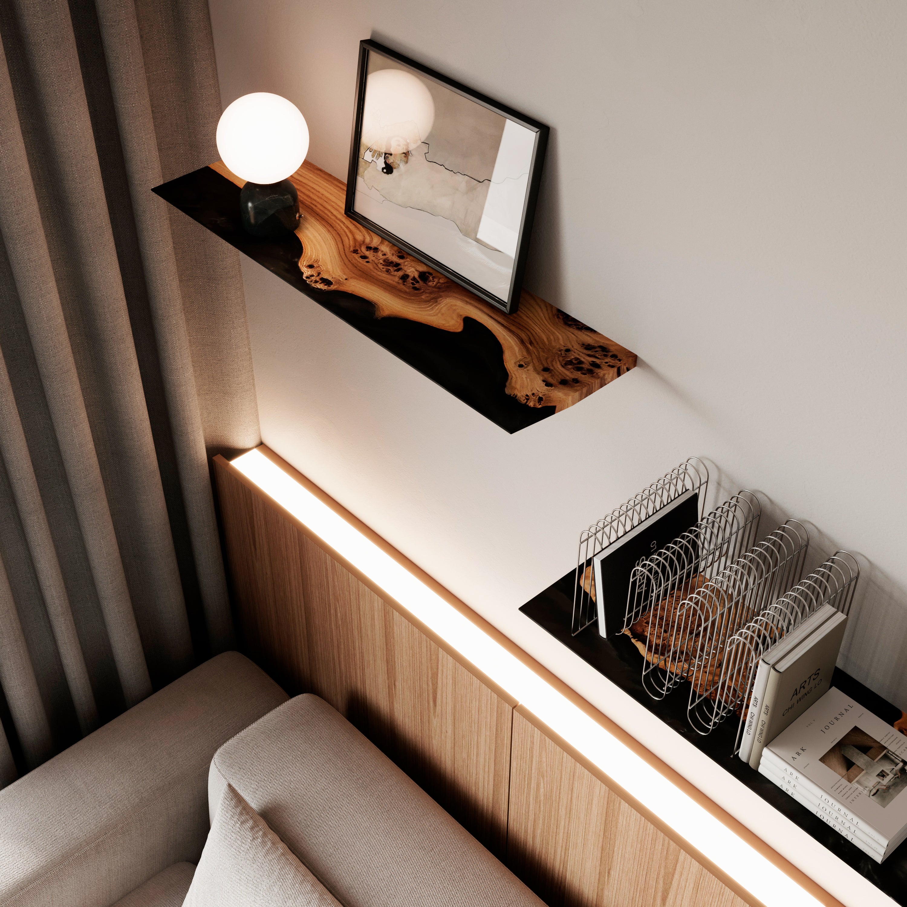 Black Epoxy & Dark Wood Floating Shelf