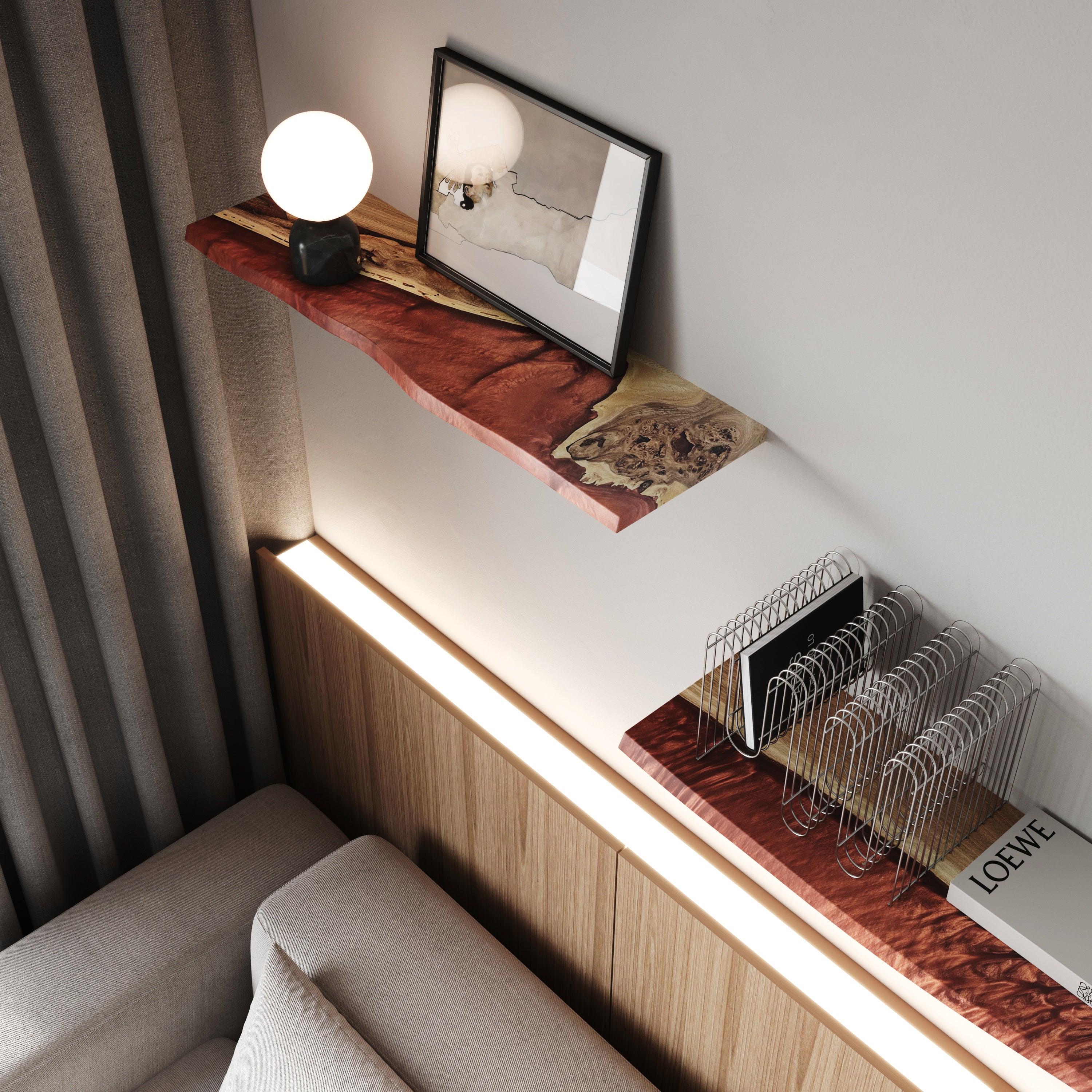 Amber Epoxy & Dark Wood Floating Shelf