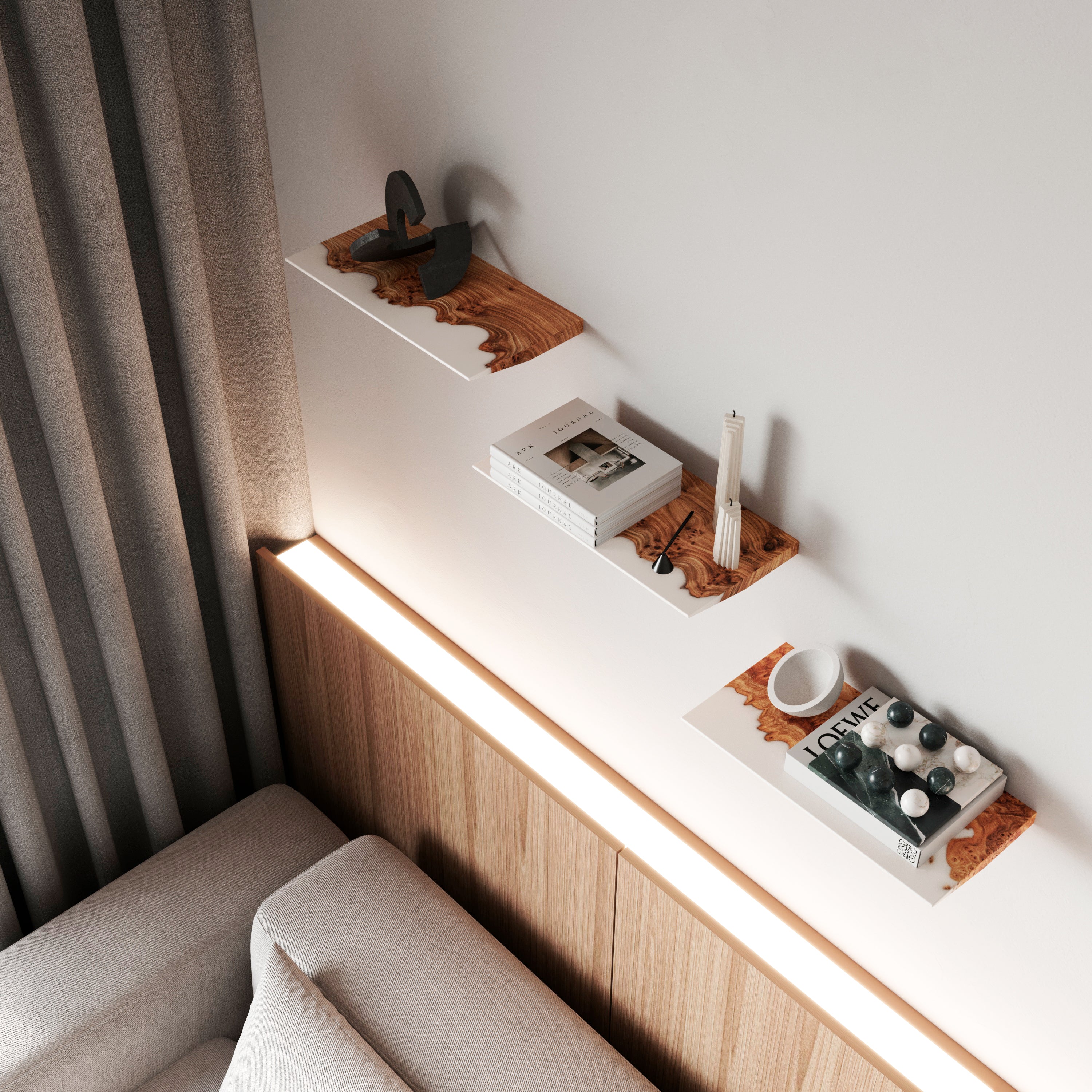 White Epoxy & Elm Wood - Live Edge Floating Shelf