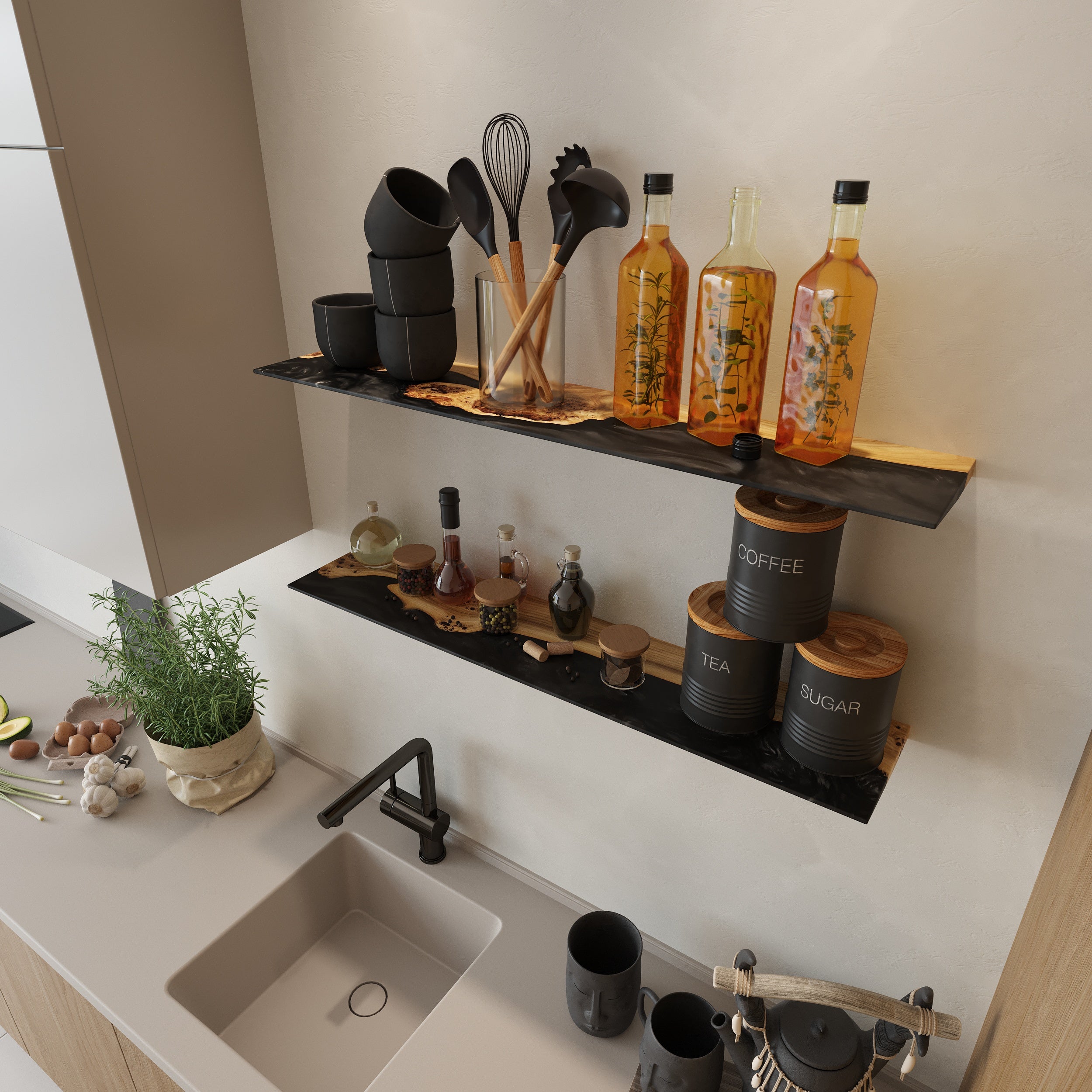Black Epoxy & Dark Wood Floating Shelf