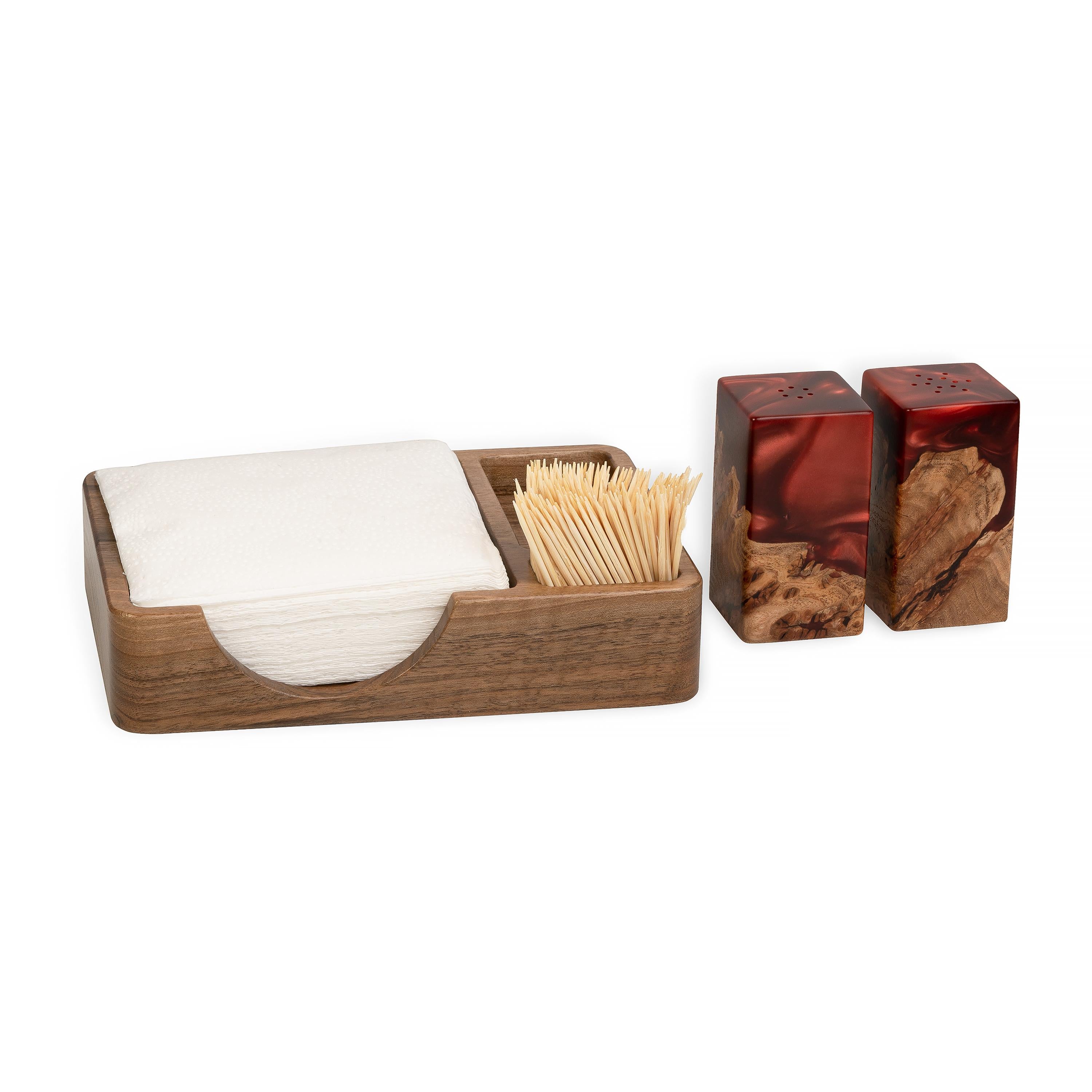 Wood & Resin Salt and Pepper Shaker Caddy Set – Elm Ruby
