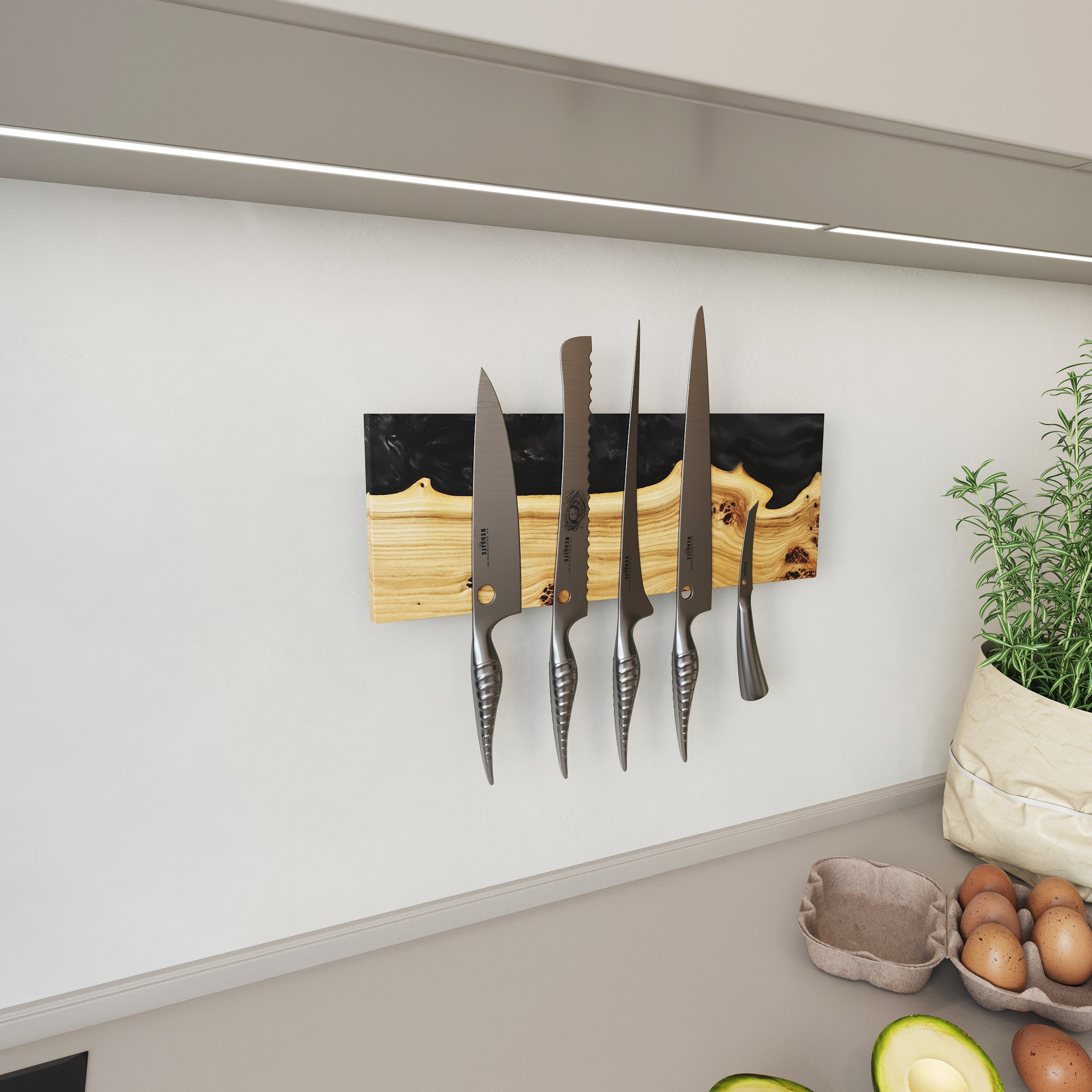 Black Pearl Epoxy & Dark Wood Magnetic Knife Rack – wall-mounted