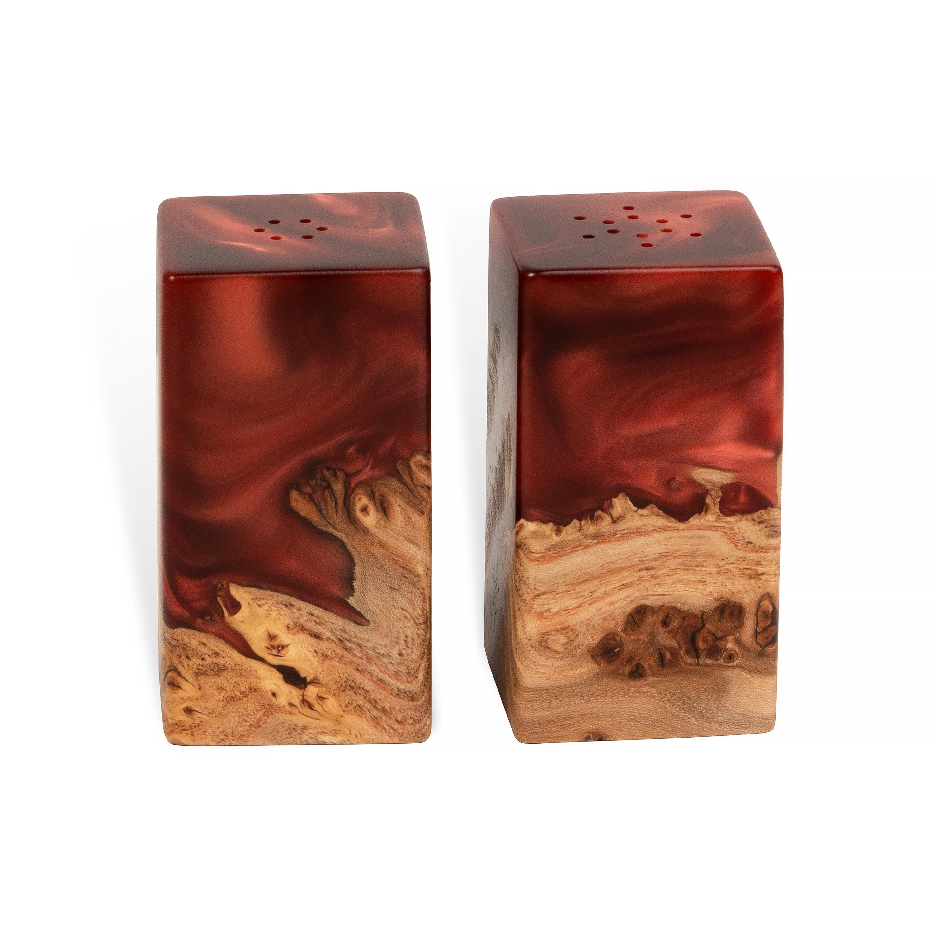 Wood & Resin Salt and Pepper Shaker Caddy Set – Elm Ruby