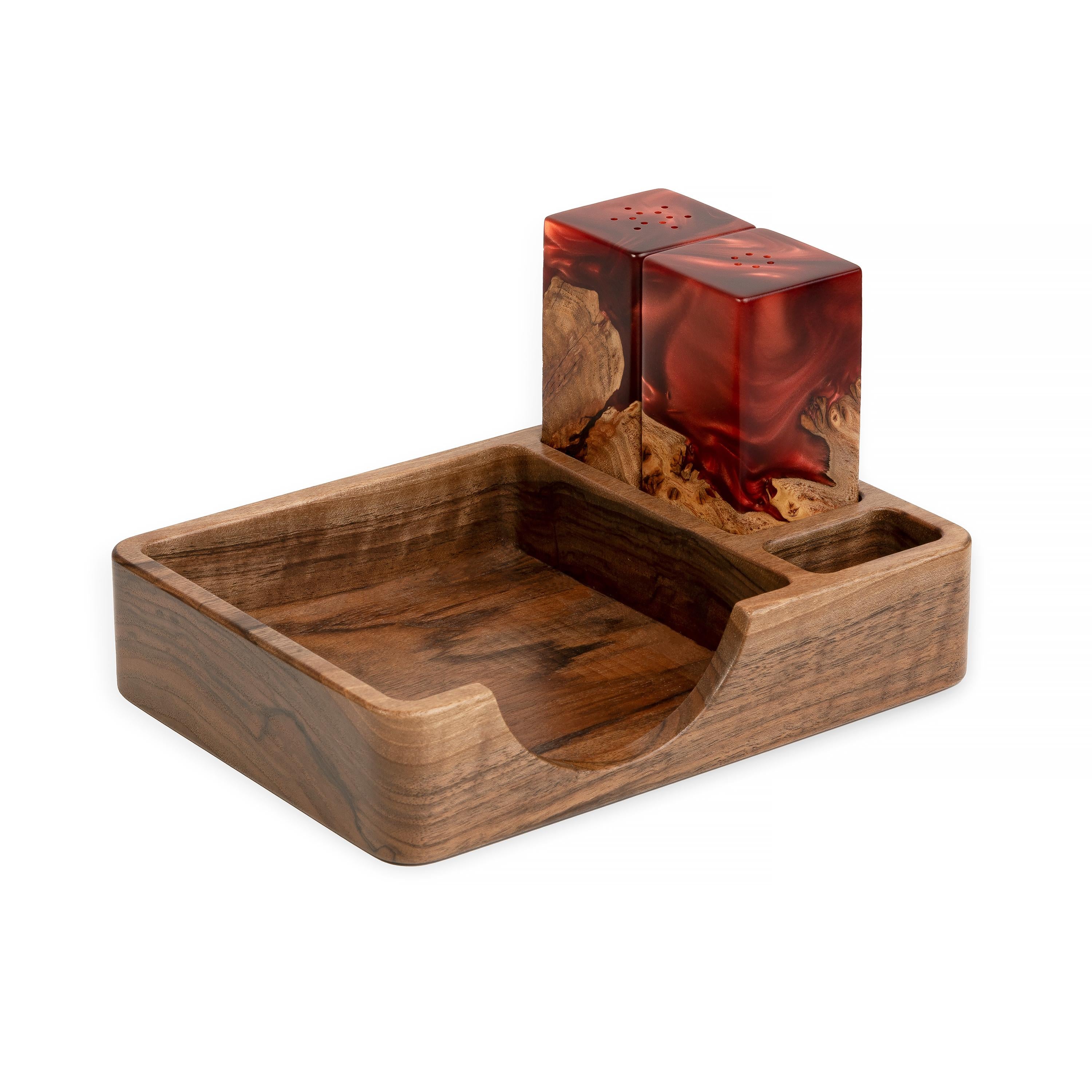 Wood & Resin Salt and Pepper Shaker Caddy Set – Elm Ruby