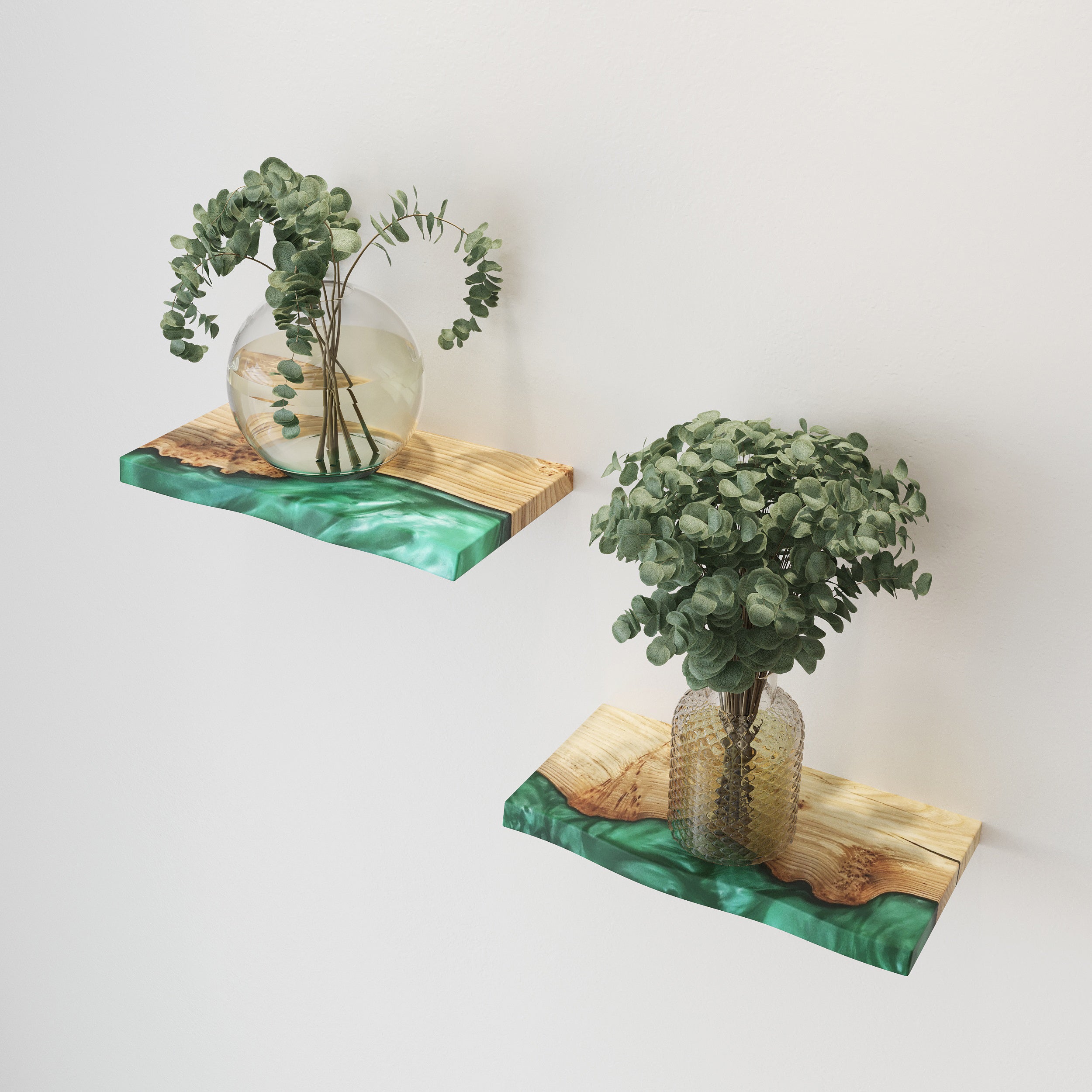 Green Pearl Epoxy & Dark Wood Floating Shelf