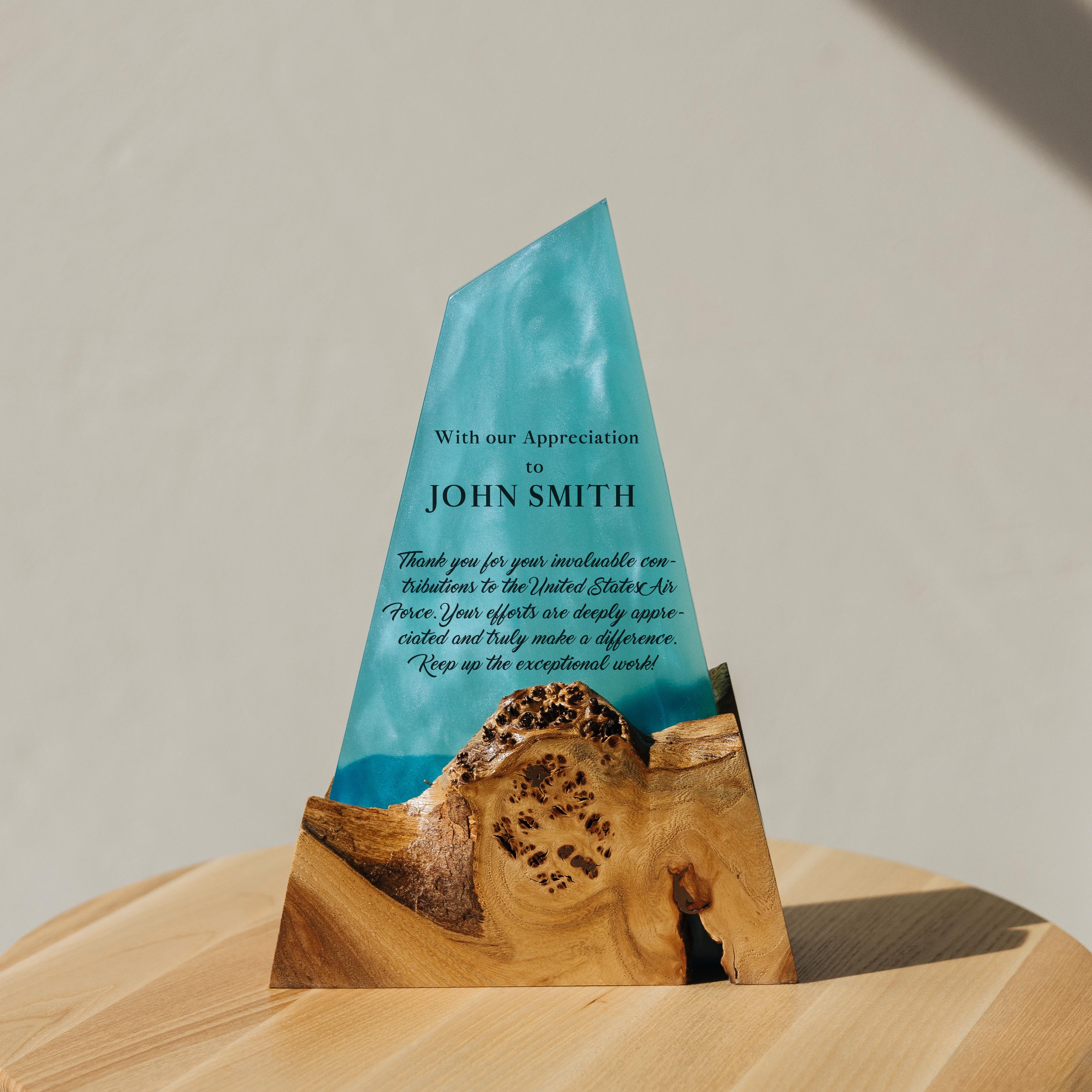Aqua Blue Epoxy & Dark Wood Award Plaque