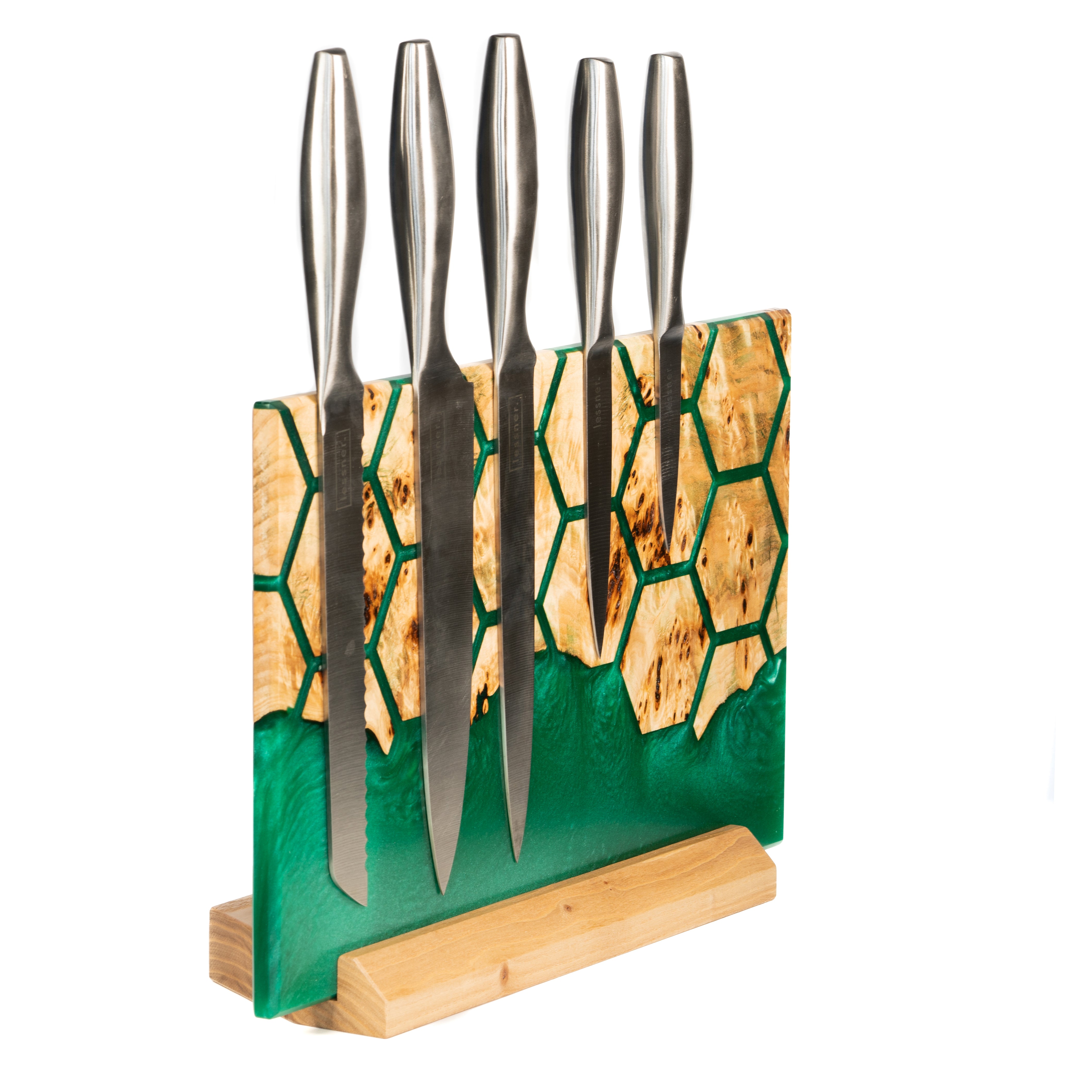 Green Pearl Epoxy Resin & Wood Magnetic Knife Block UNIVERSE – countertop