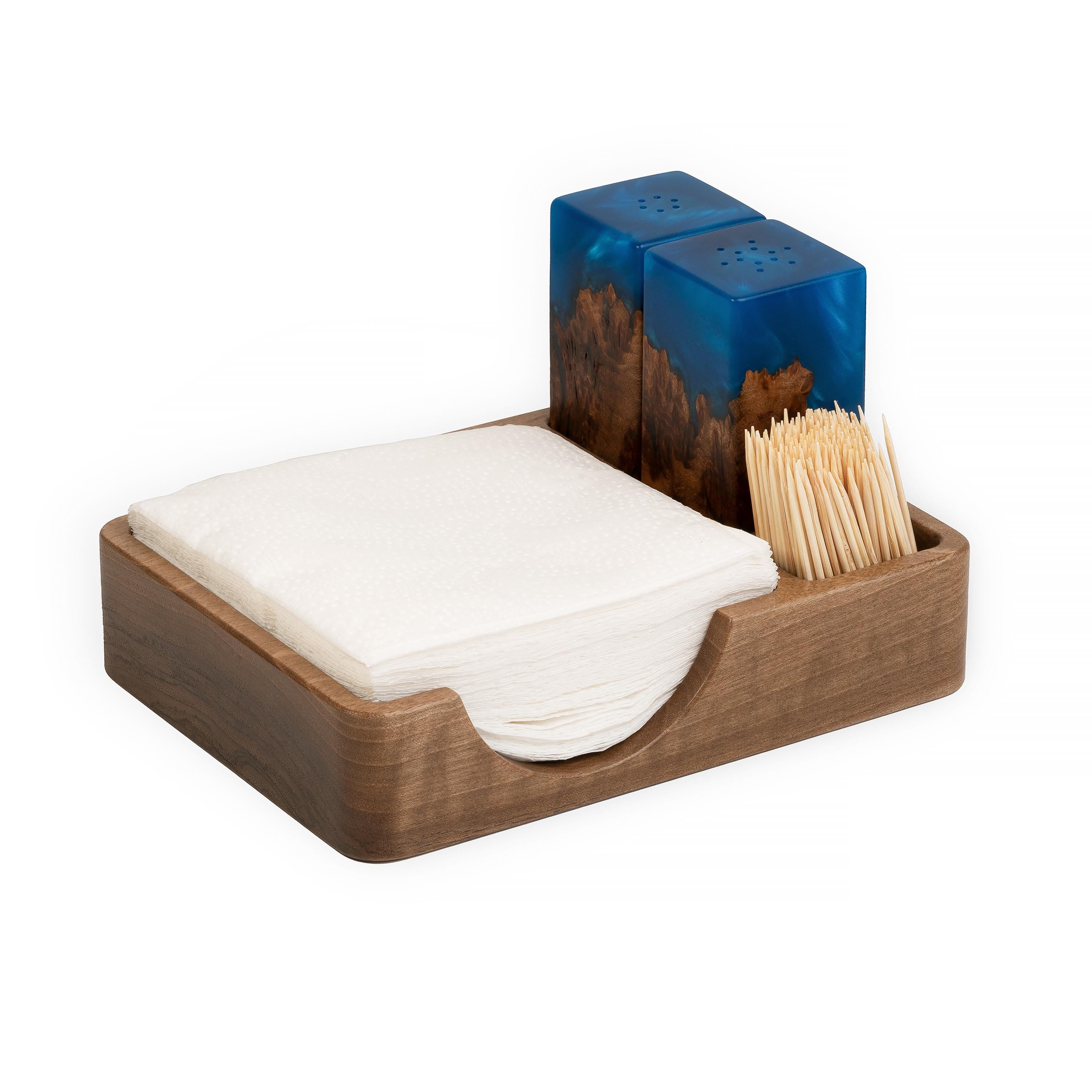 Wood & Resin Salt and Pepper Shaker Caddy Set – Elm Blue
