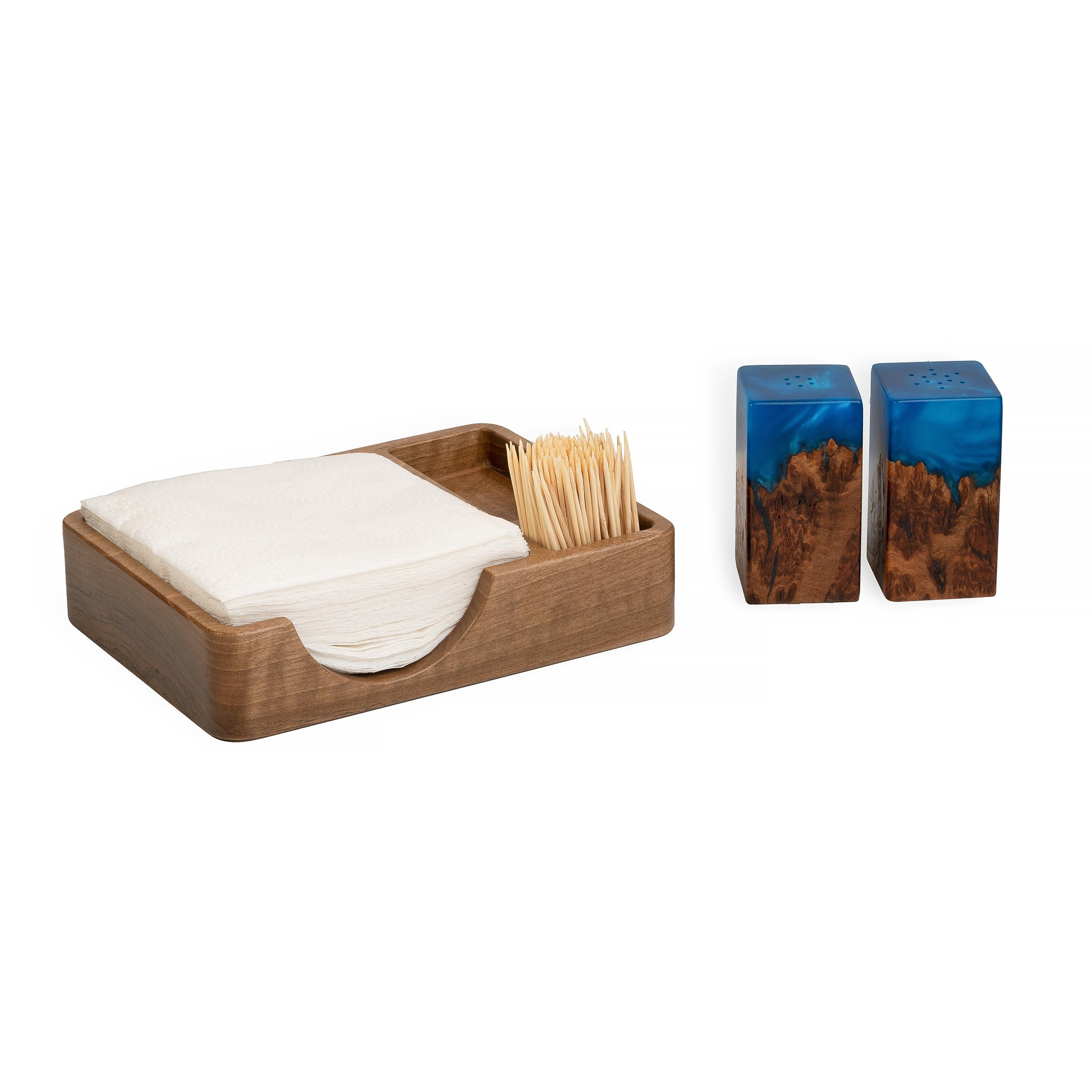 Wood & Resin Salt and Pepper Shaker Caddy Set – Elm Blue