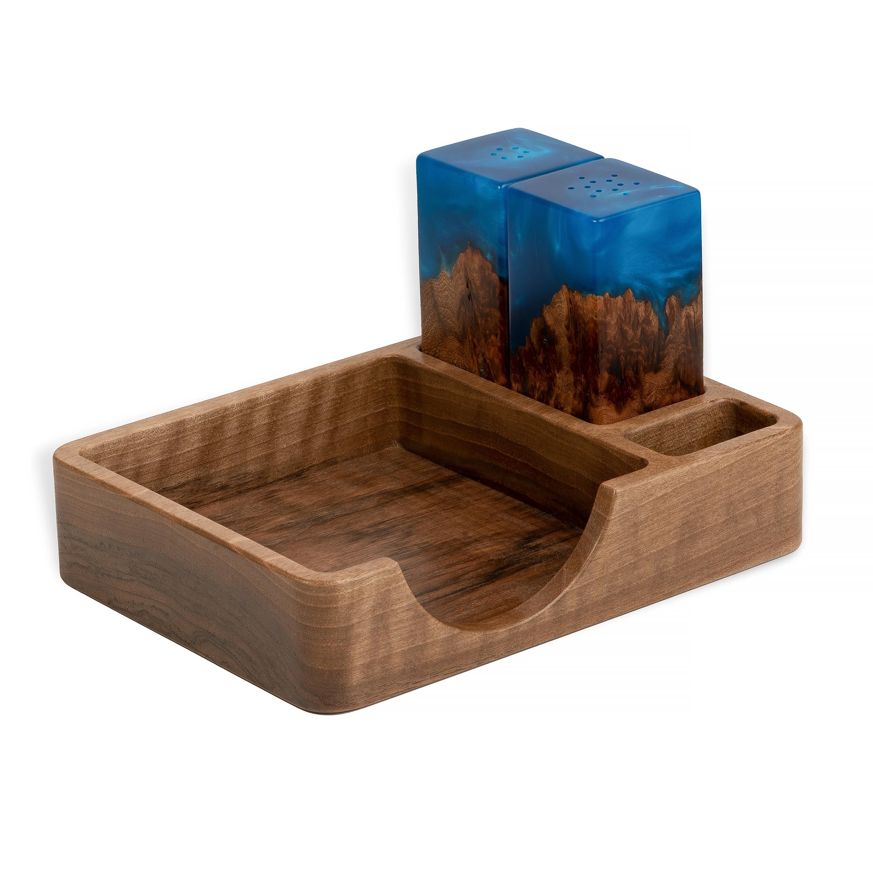 Wood & Resin Salt and Pepper Shaker Caddy Set – Elm Blue