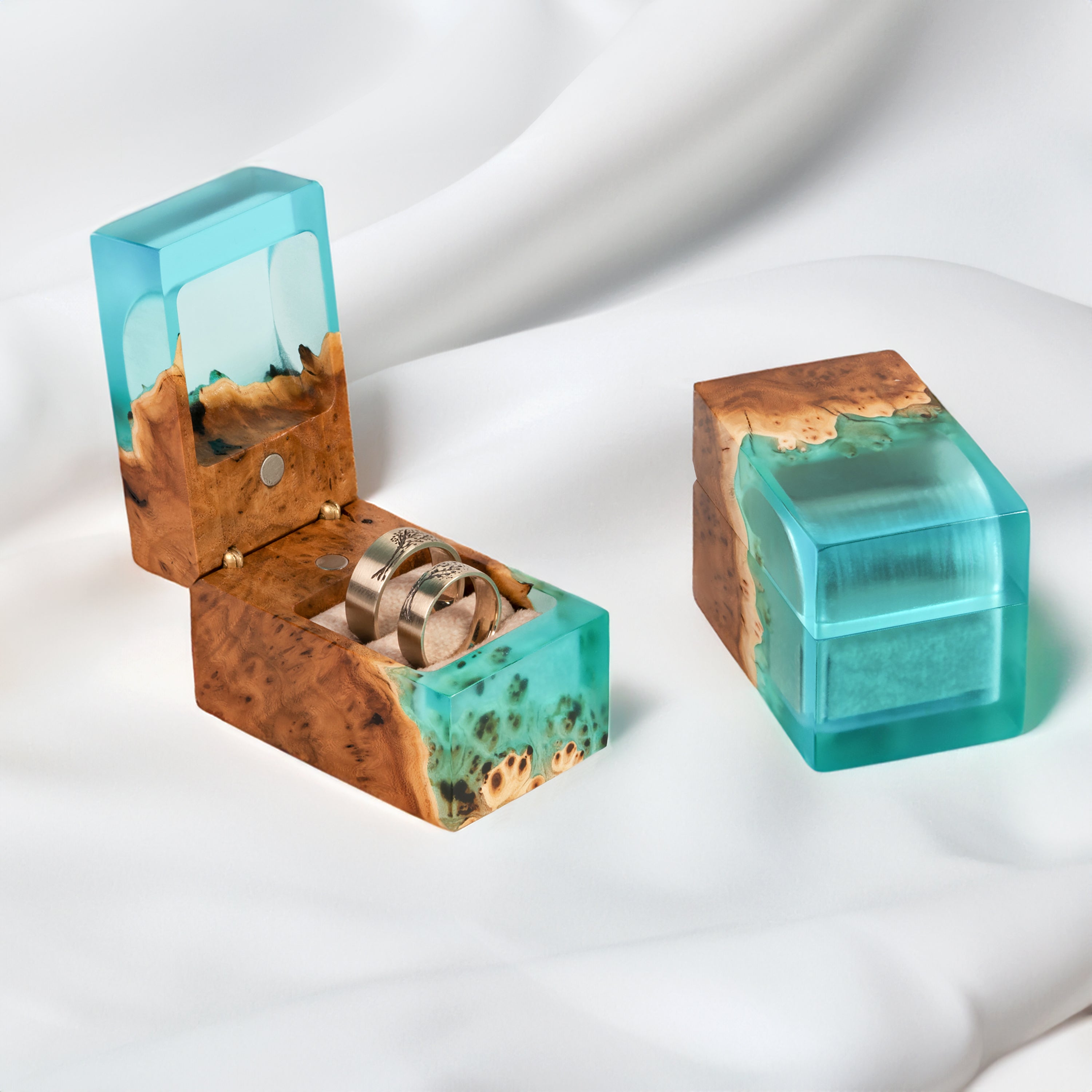 Wood & Resin Wedding Ring Box CHORD – Elm Aqua Blue