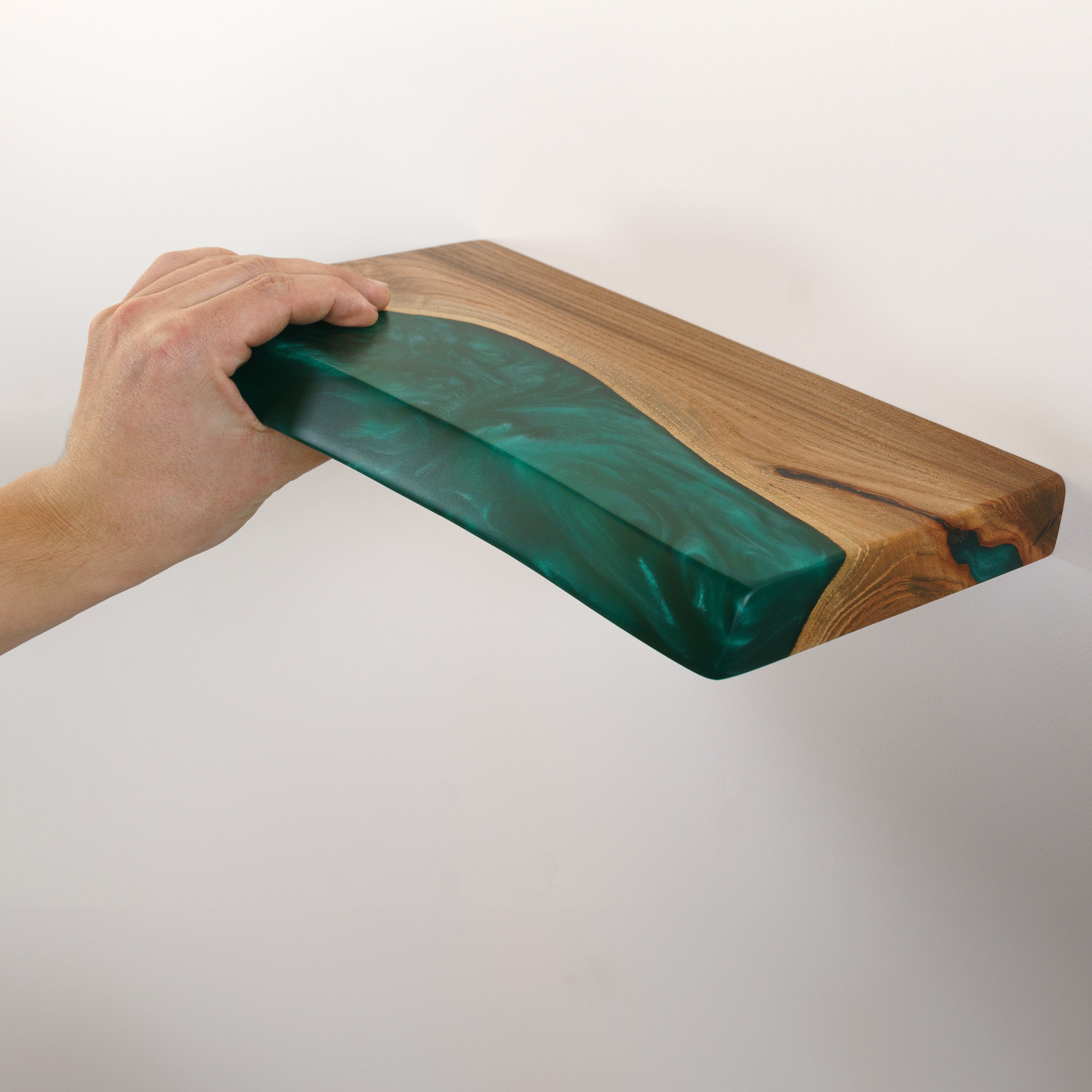 Green Pearl Epoxy & Dark Wood Floating Shelf