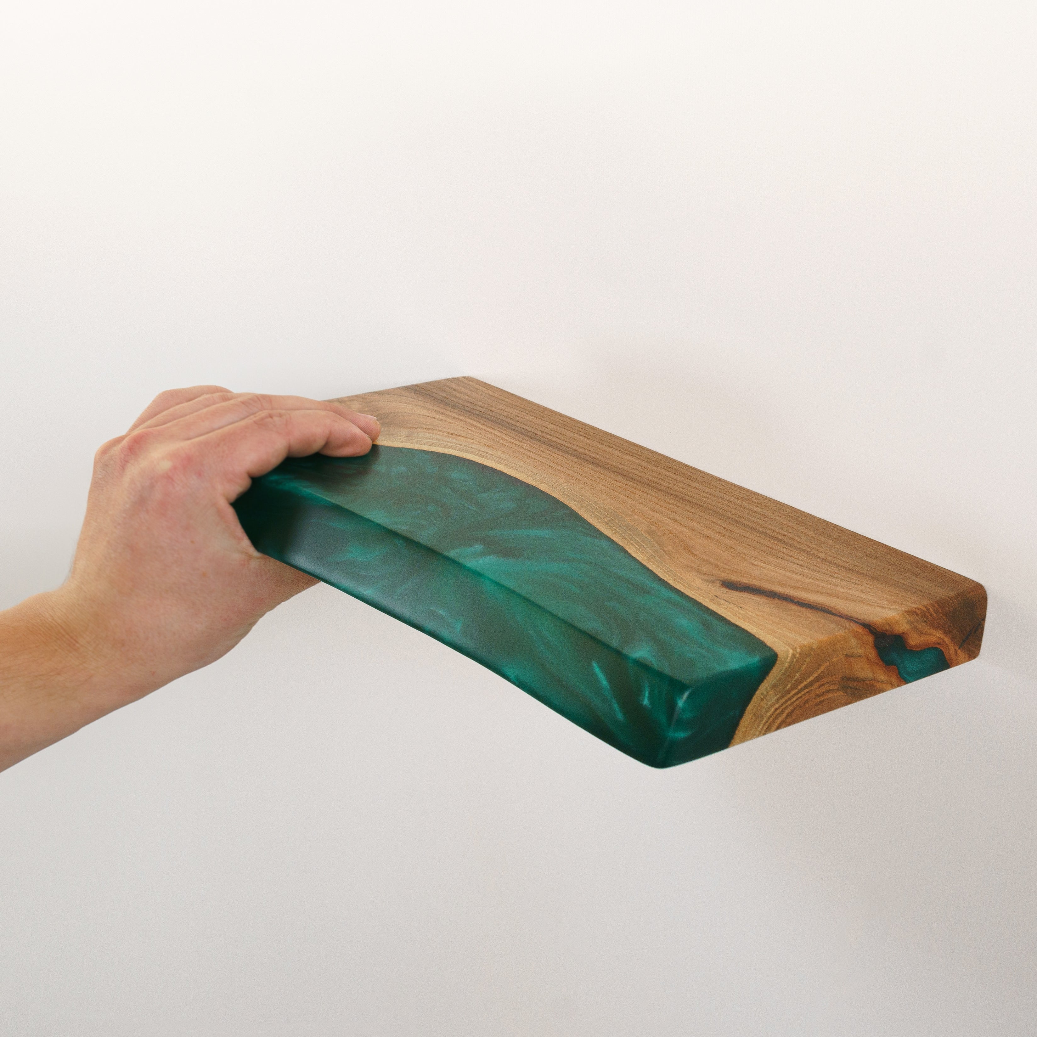 Green Pearl Epoxy & Dark Wood Floating Shelf