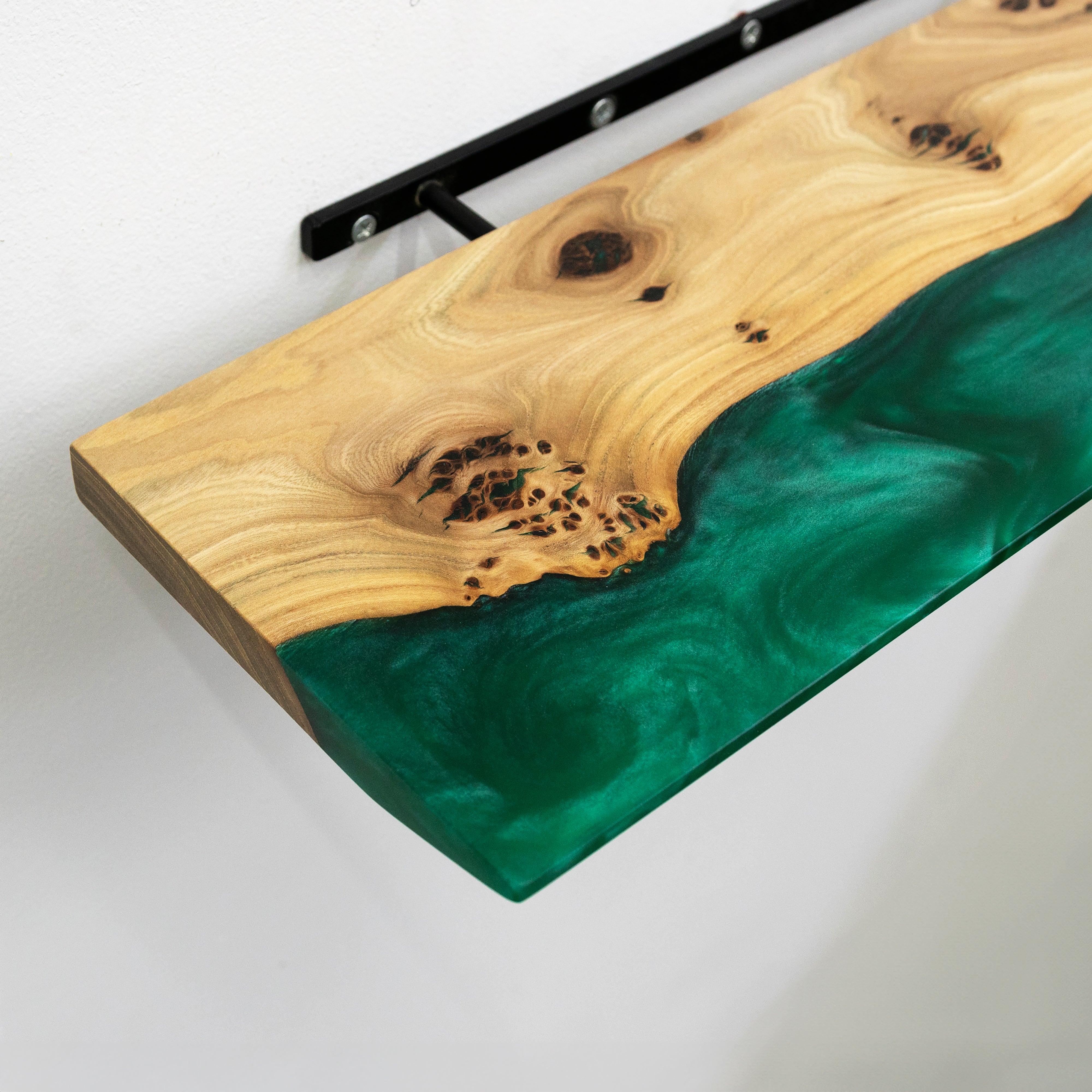 Green Pearl Epoxy & Dark Wood Floating Shelf