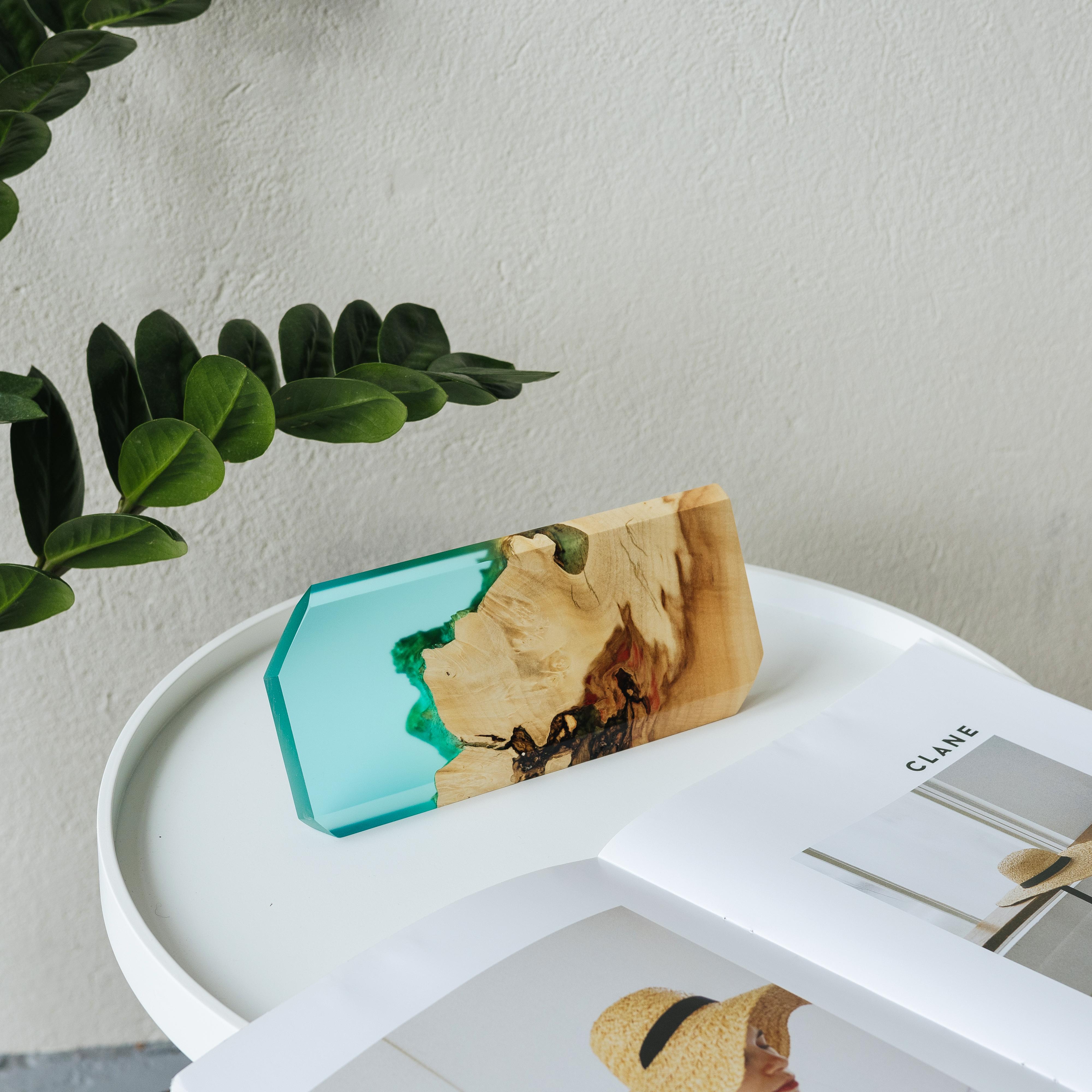 Wood & Resin Desk Name Plate MODERN – Maple Aqua Blue