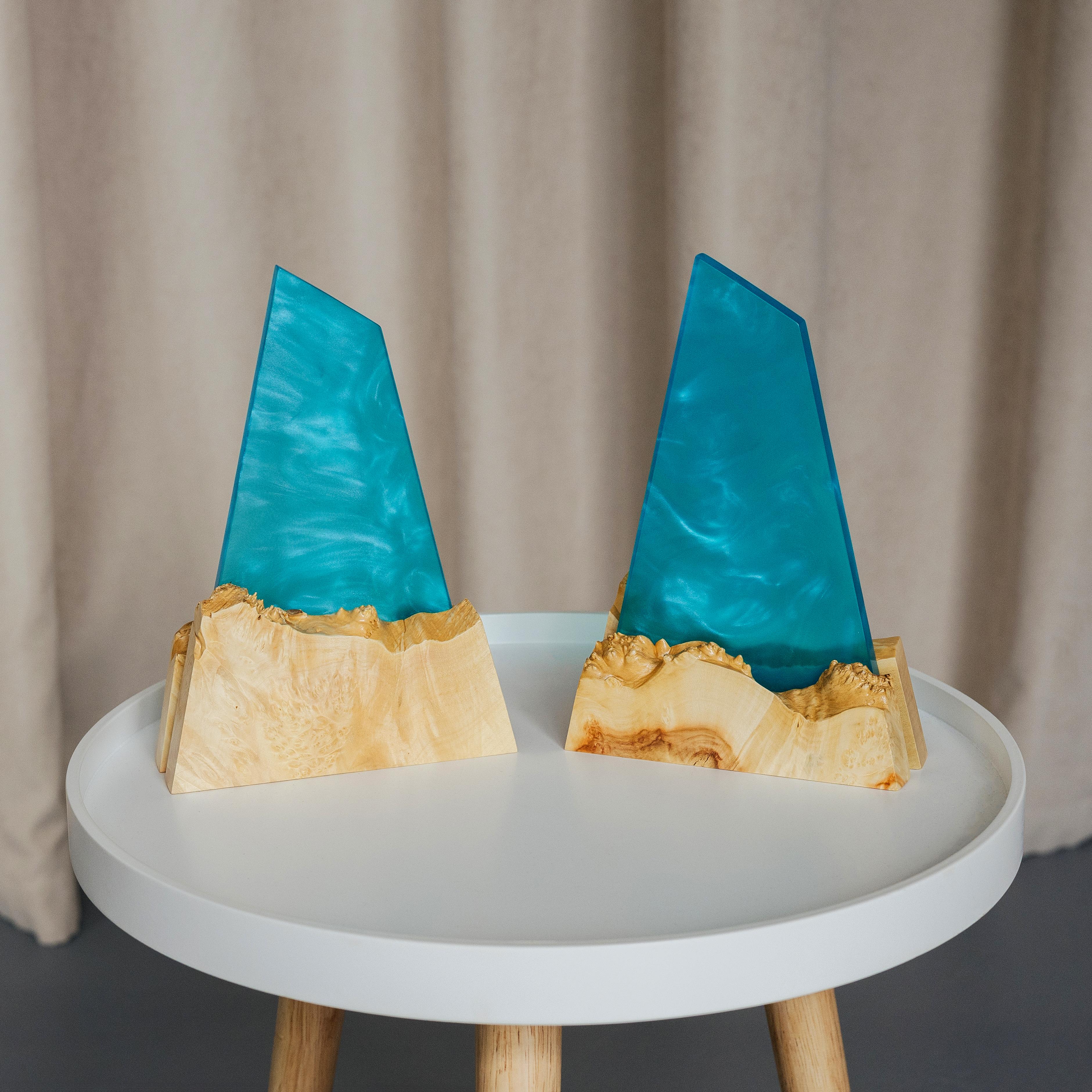 Aqua Blue Epoxy & Light Wood Award Plaque