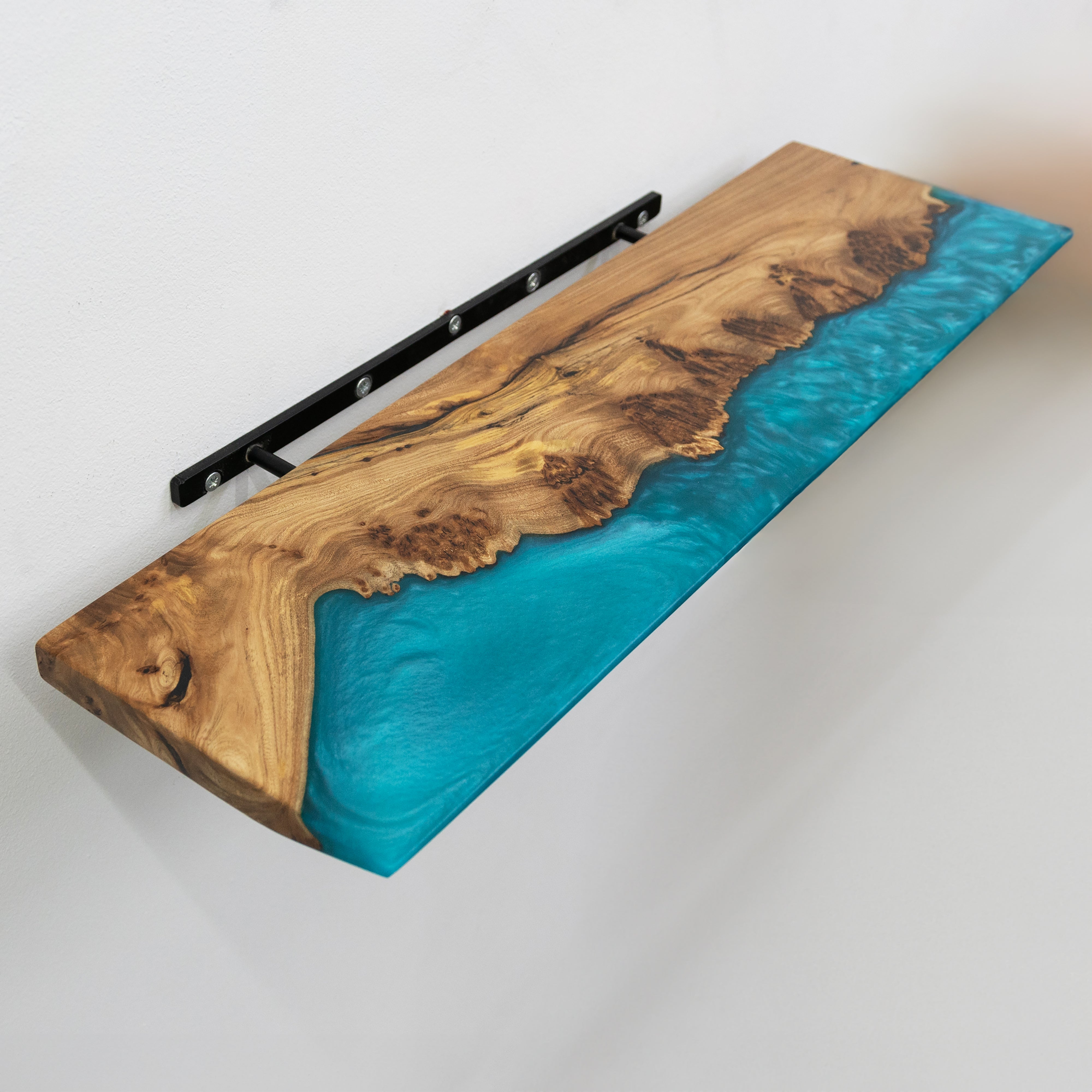 Sky Blue Epoxy & Elm Dark Wood - Live Edge Floating Shelf