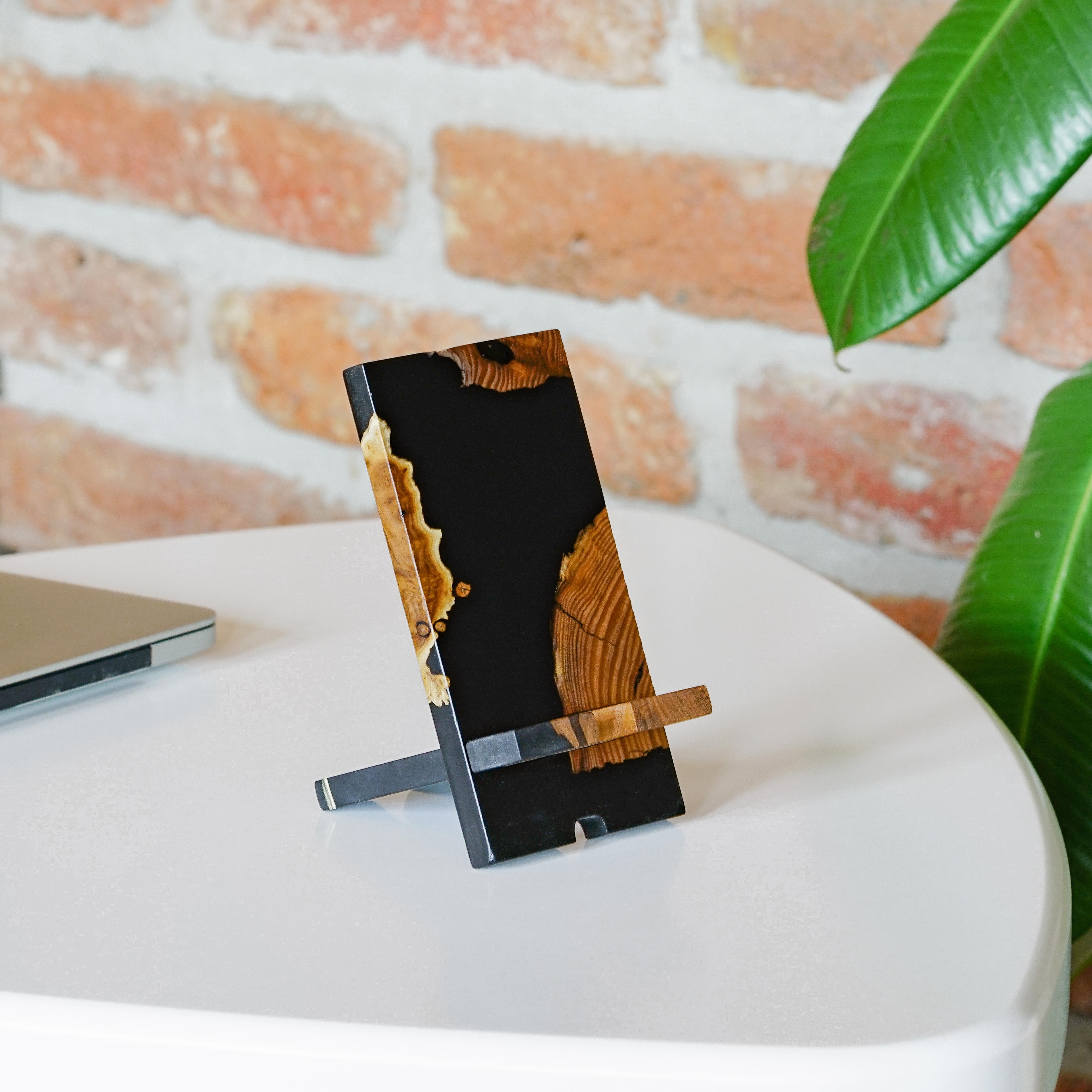 Black Epoxy Resin &  Dark Wood Phone Holder