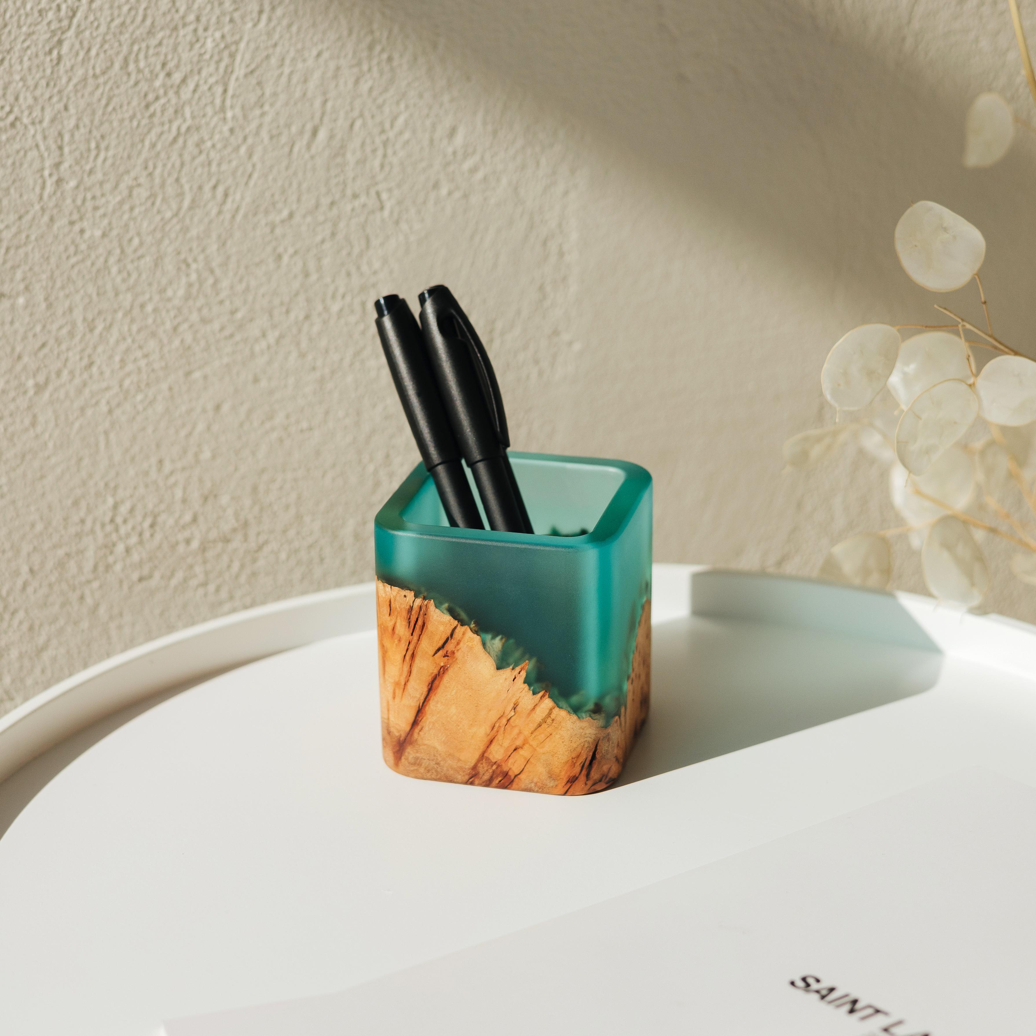 Wood & Resin Pen Holder Cup ELEMENT – Elm Aqua Blue