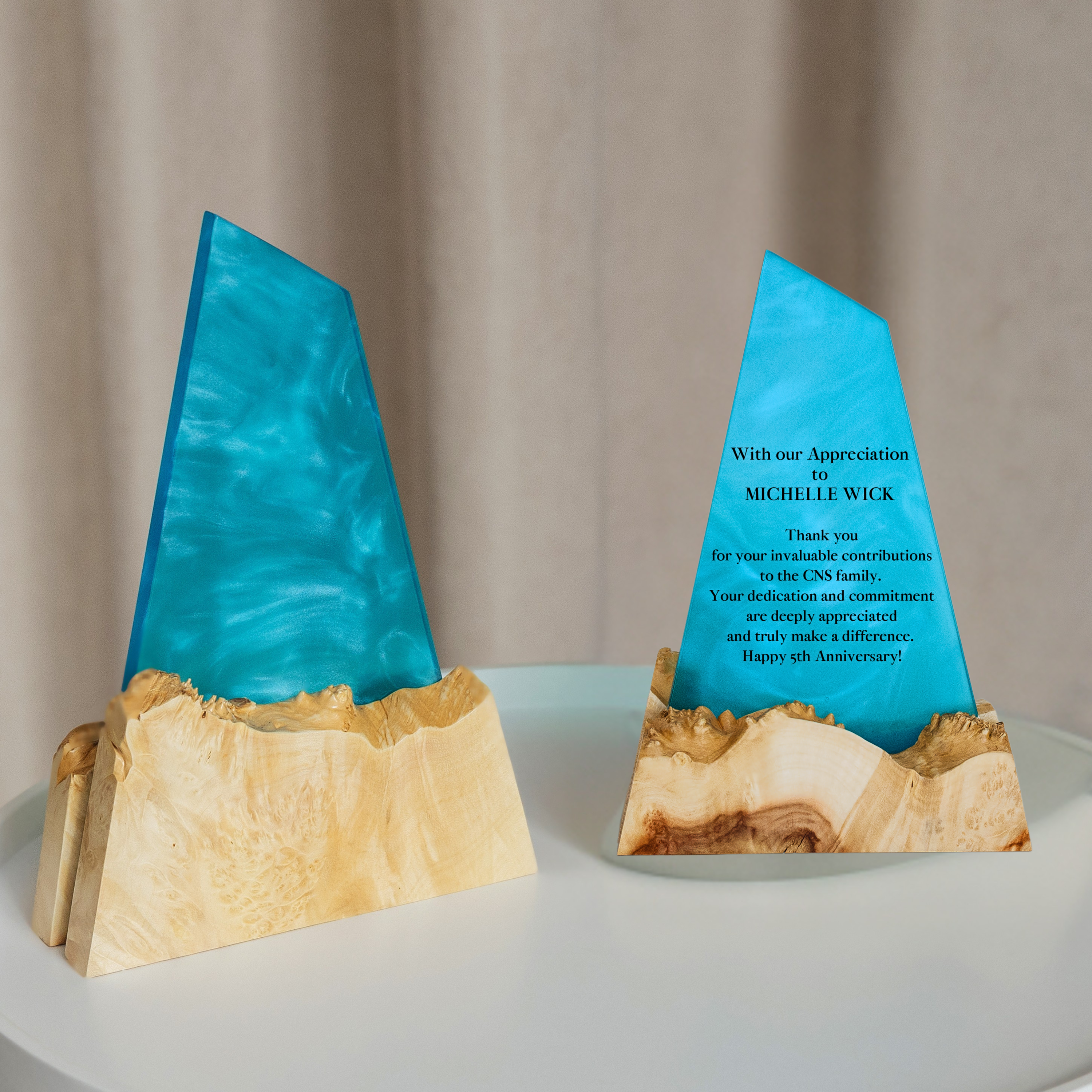 Aqua Blue Epoxy & Light Wood Award Plaque