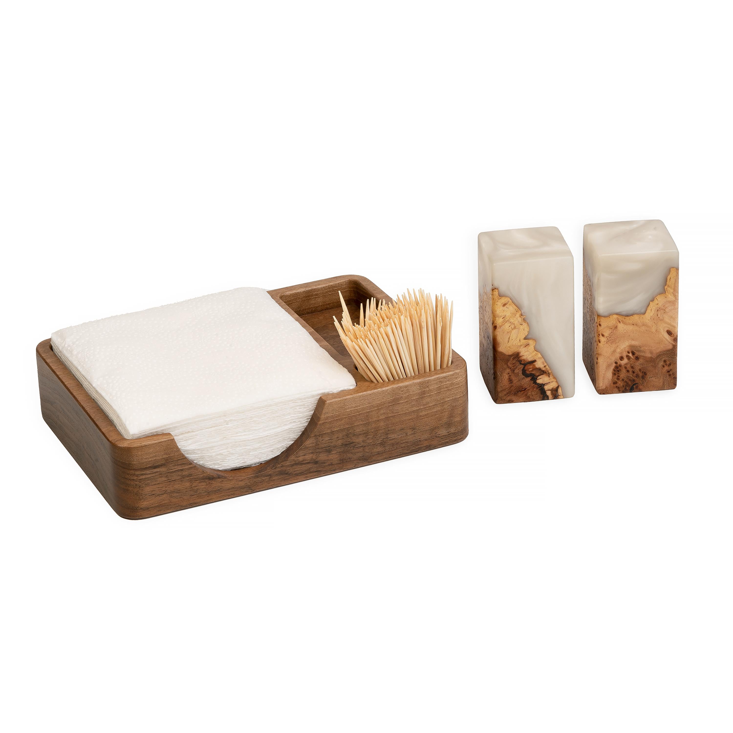 Wood & Resin Salt and Pepper Shaker Caddy Set – Elm Platinum