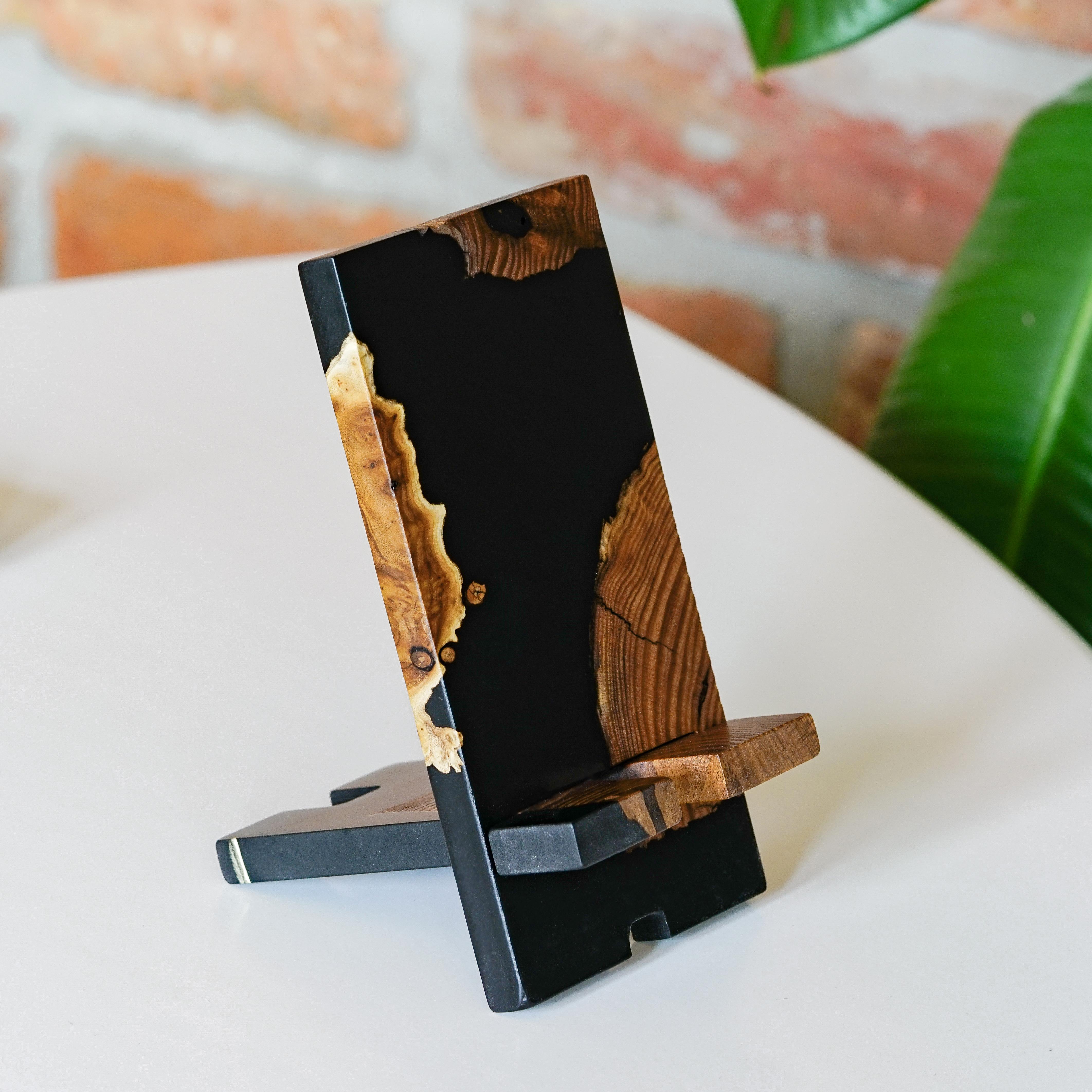 Black Epoxy Resin &  Dark Wood Phone Holder