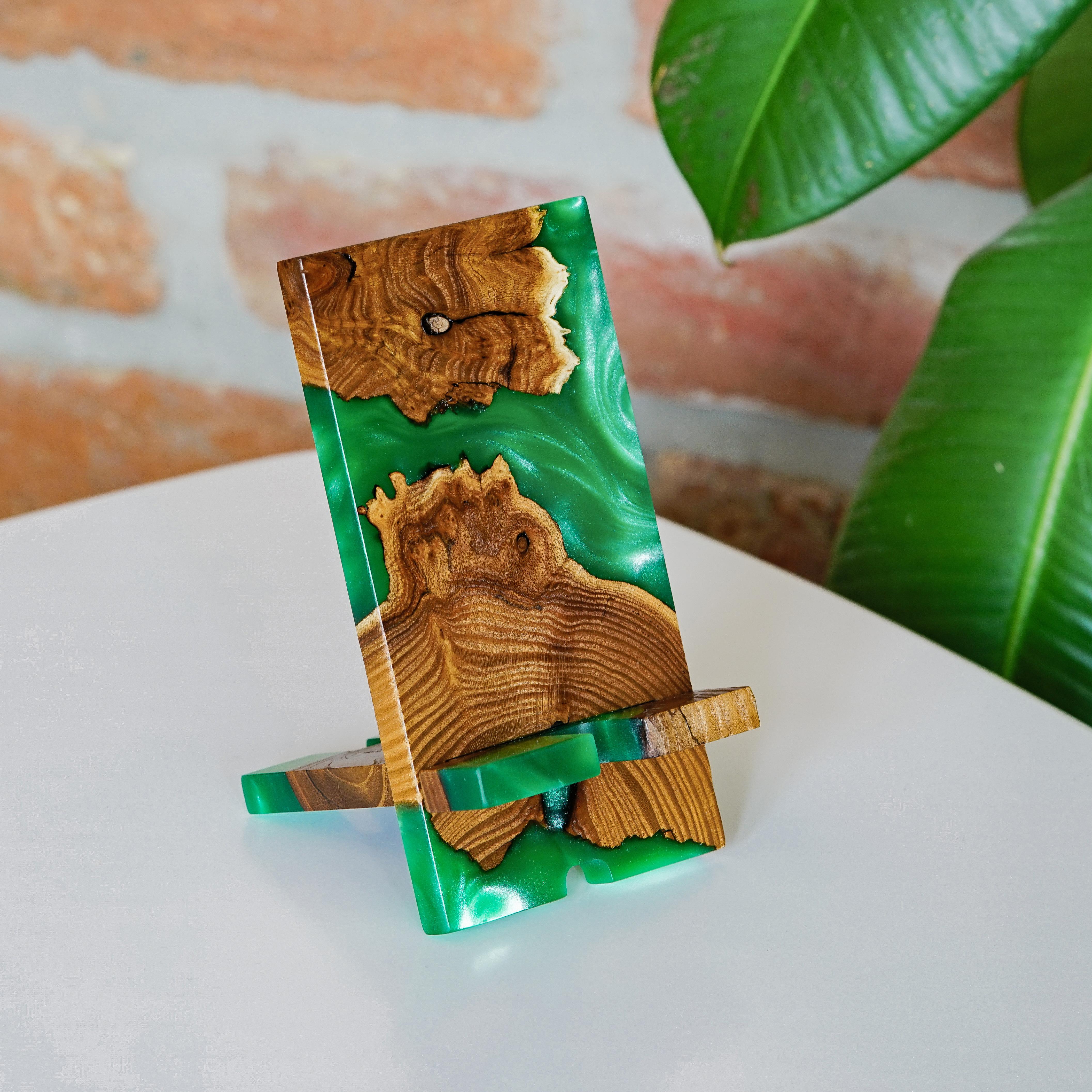 Green Epoxy Resin &  Dark Wood Phone Holder