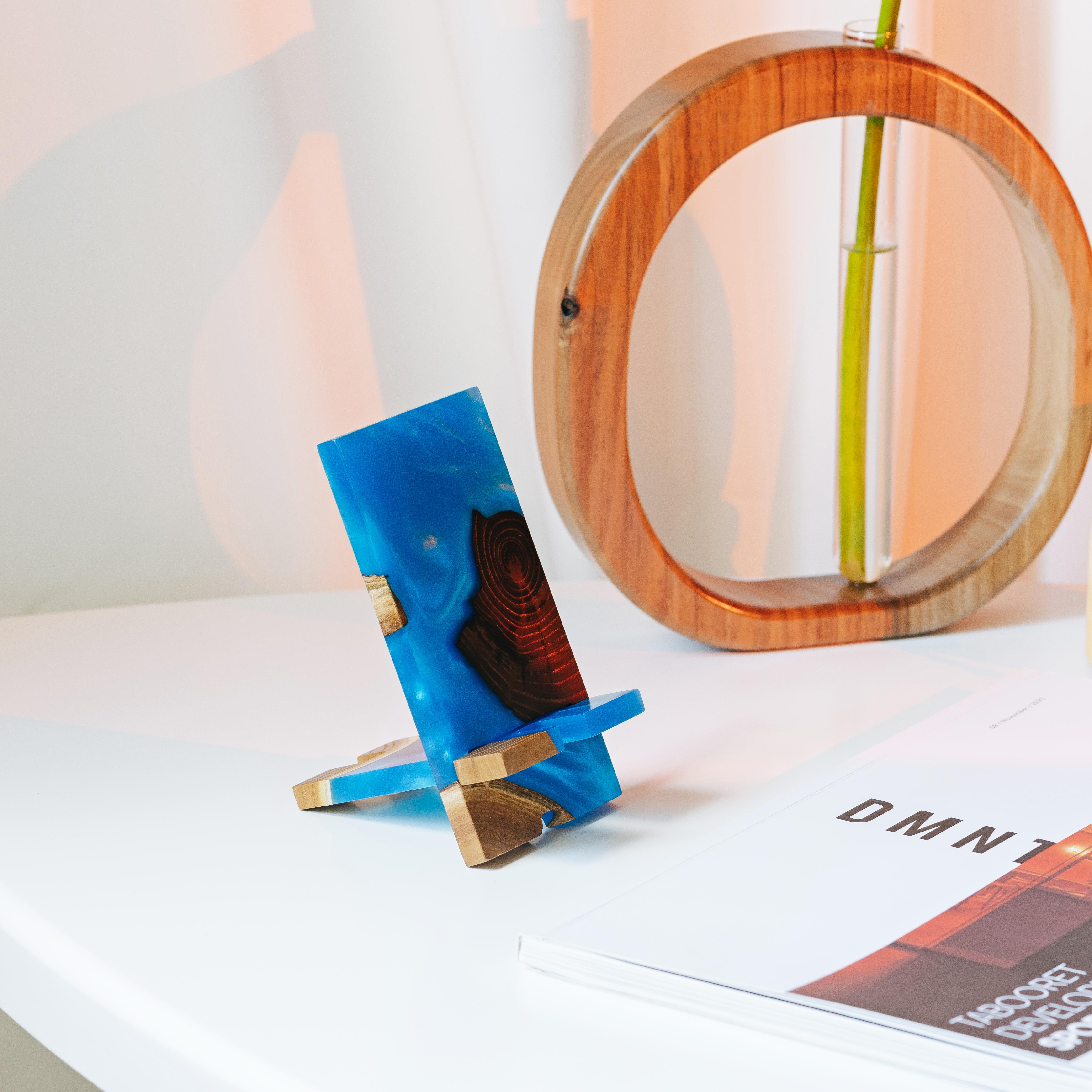 Blue Epoxy Resin &  Dark Wood Phone Holder