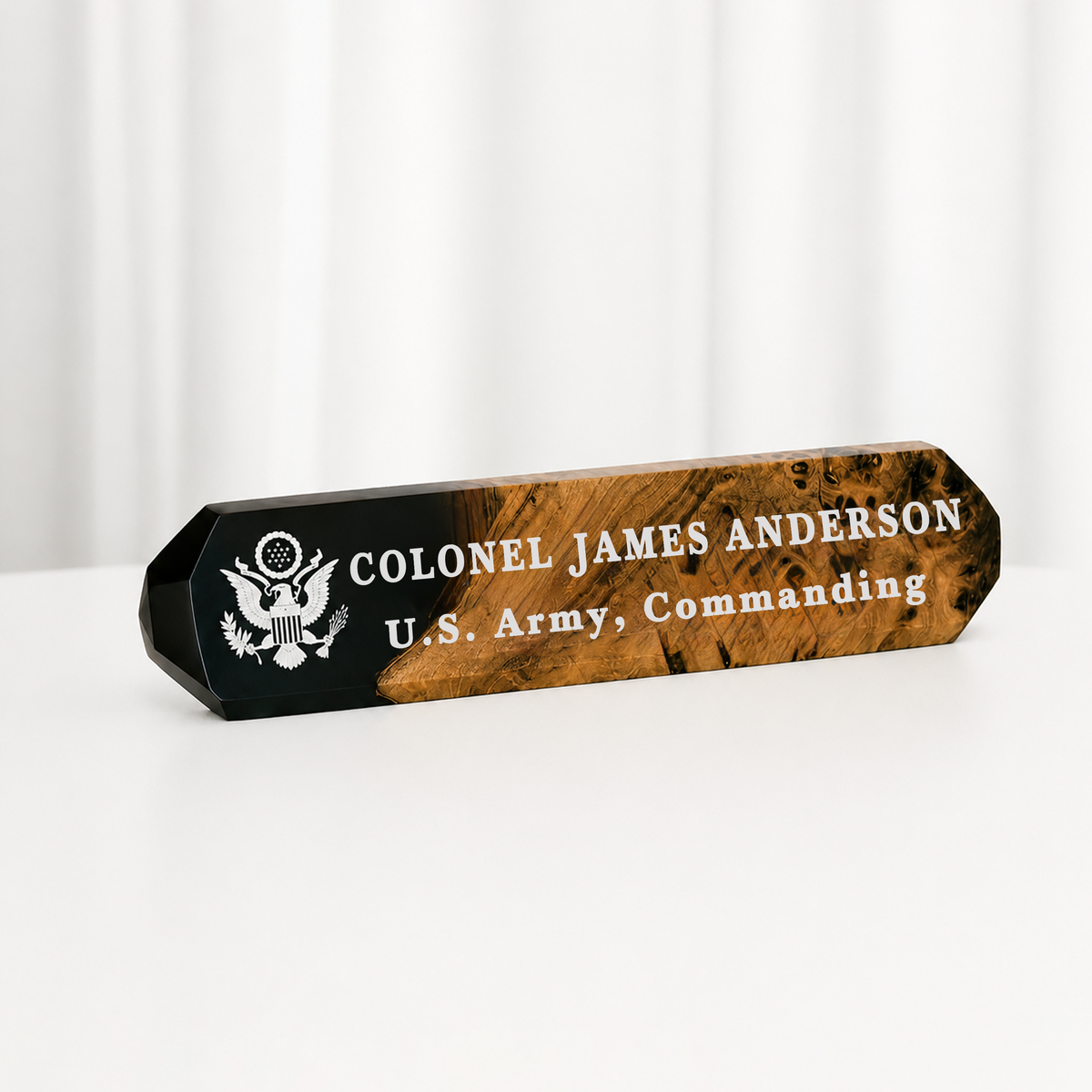 Custom desk name plate in black epoxy and elm burl, white engraving and eagle emblem for an Army colonel