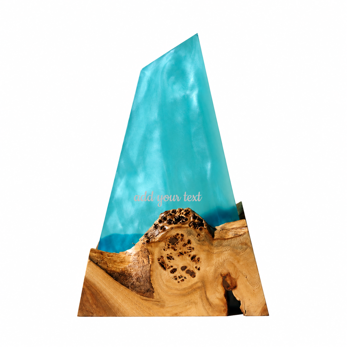 Aqua blue epoxy award plaque on a knotty elm base with an 'add your text' engraving placeholder