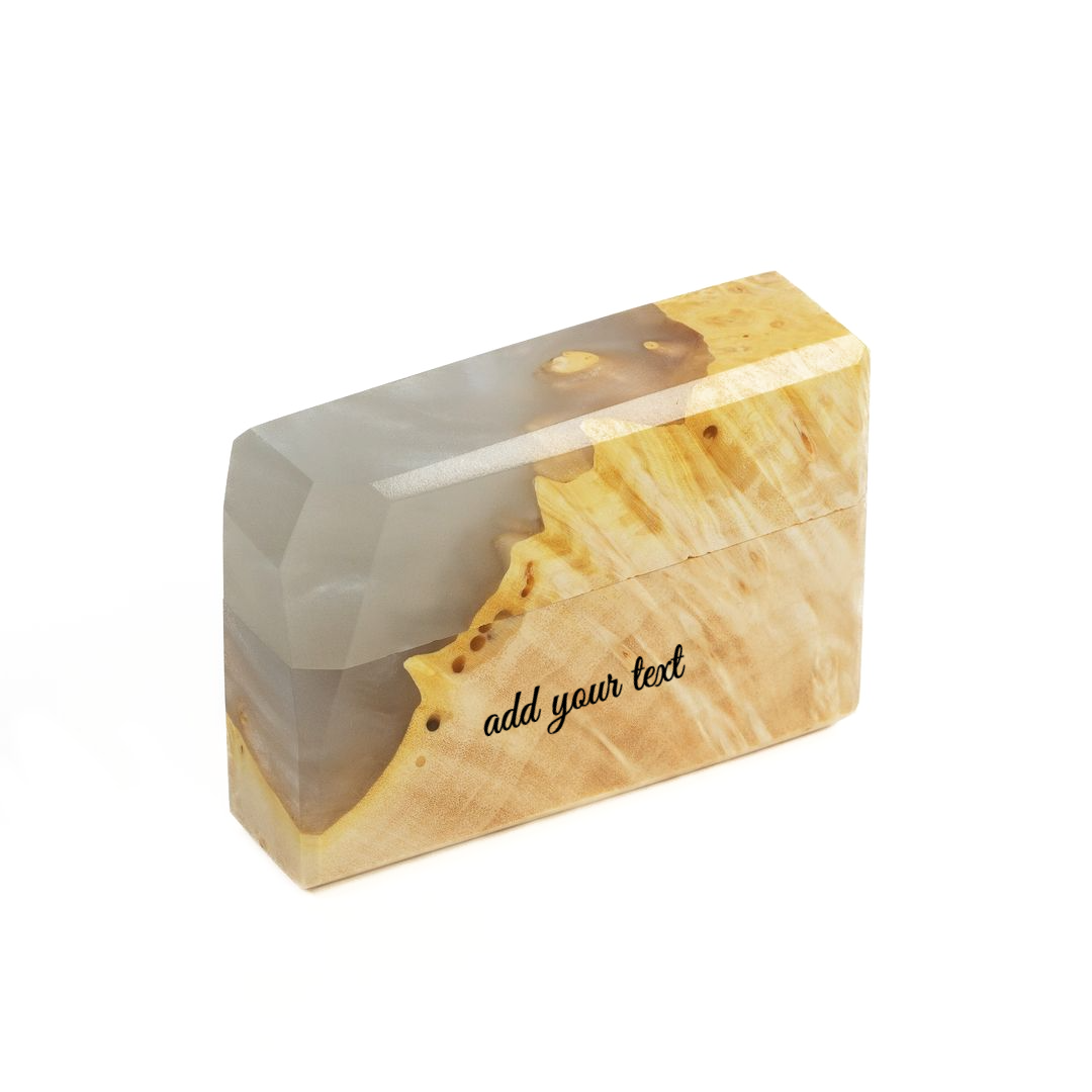 Closed FLASH engagement ring box in platinum epoxy and maple burl wood with an 'add your text' engraving placeholder