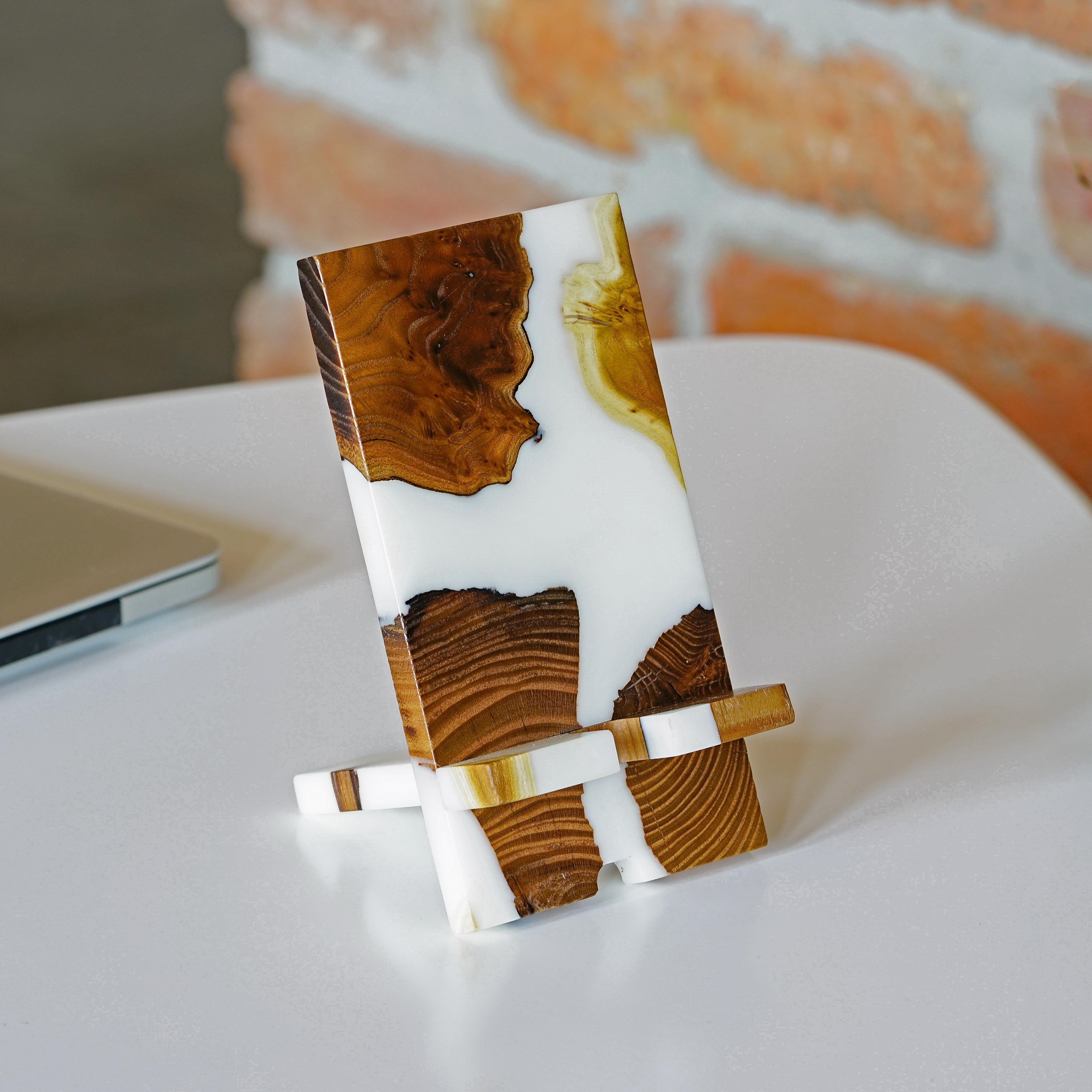 White Epoxy Resin & Dark Wood Phone Holder