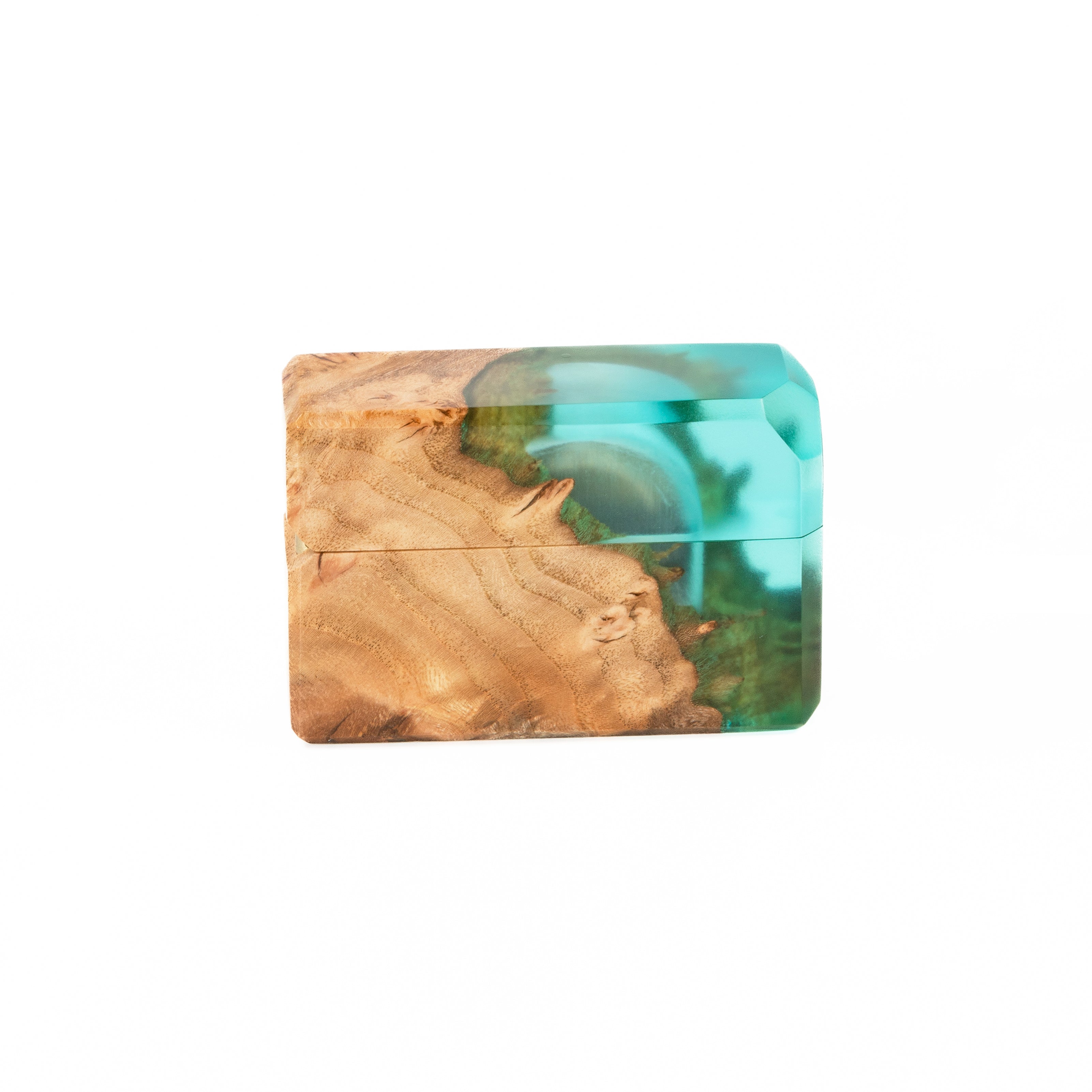Artisan handcrafted aqua blue epoxy and maple wood engagement ring box highlighting the natural wood texture