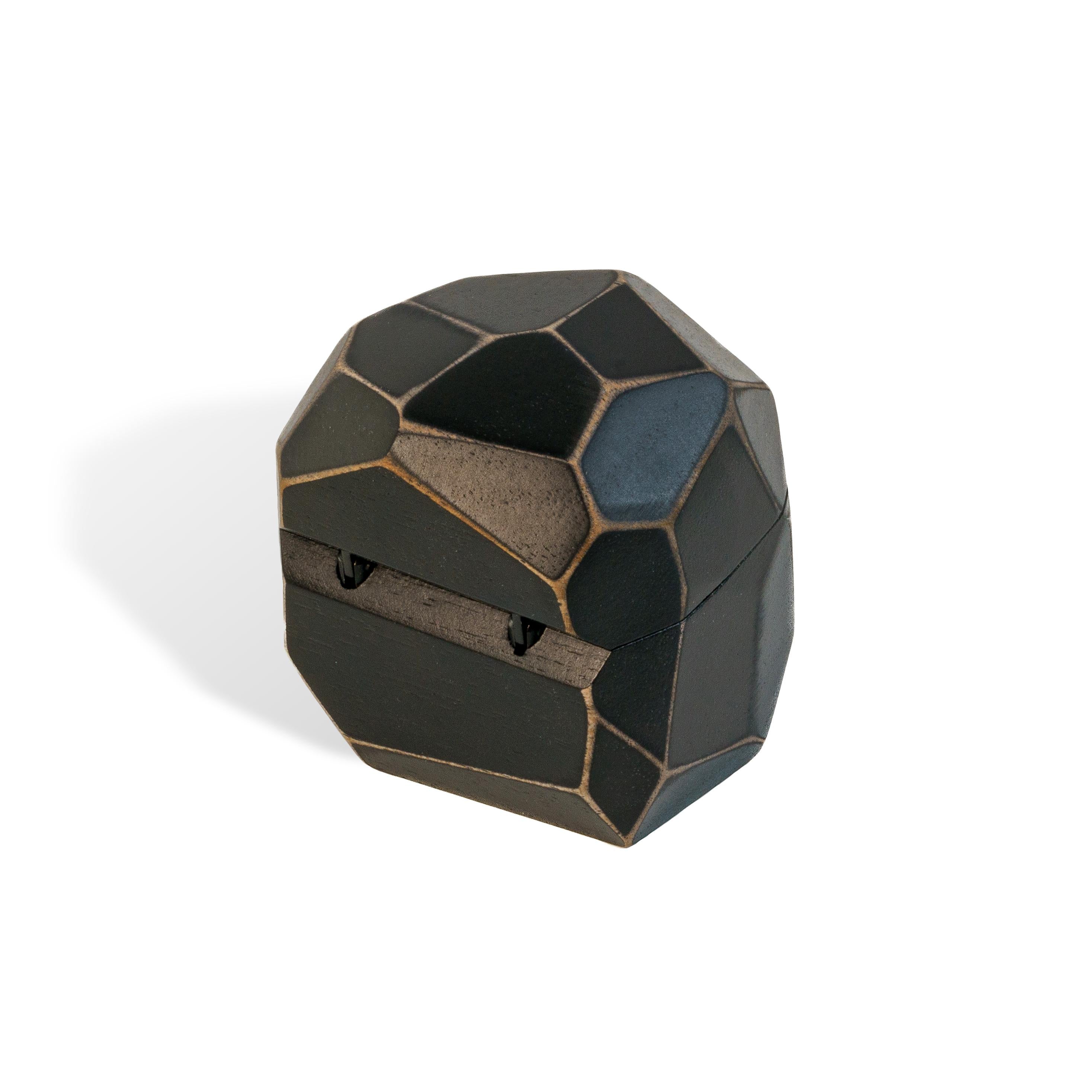 Artisan handcrafted black epoxy and bog oak wood proposal ring box showcasing geometric facets