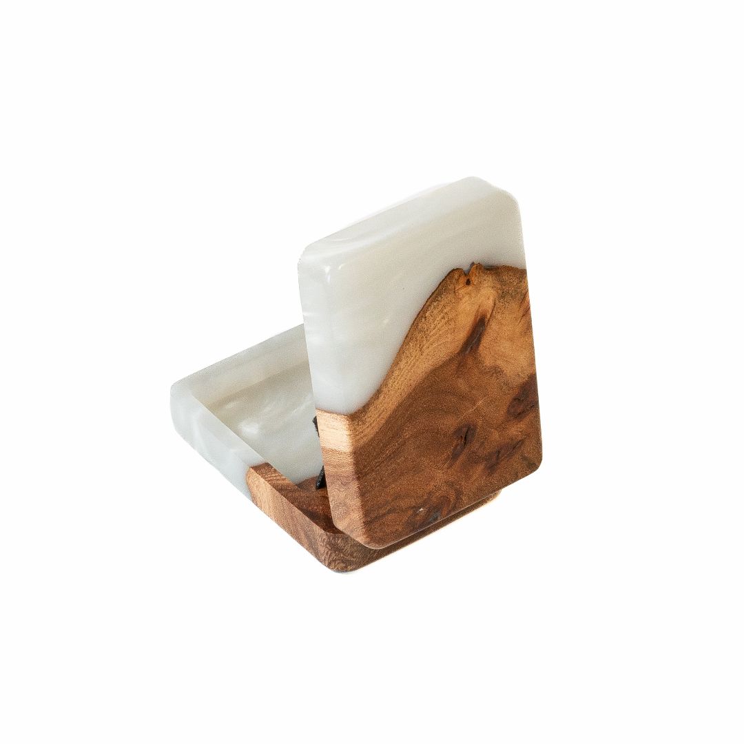 Artisan handcrafted platinum epoxy and elm wood proposal ring box shown from the side