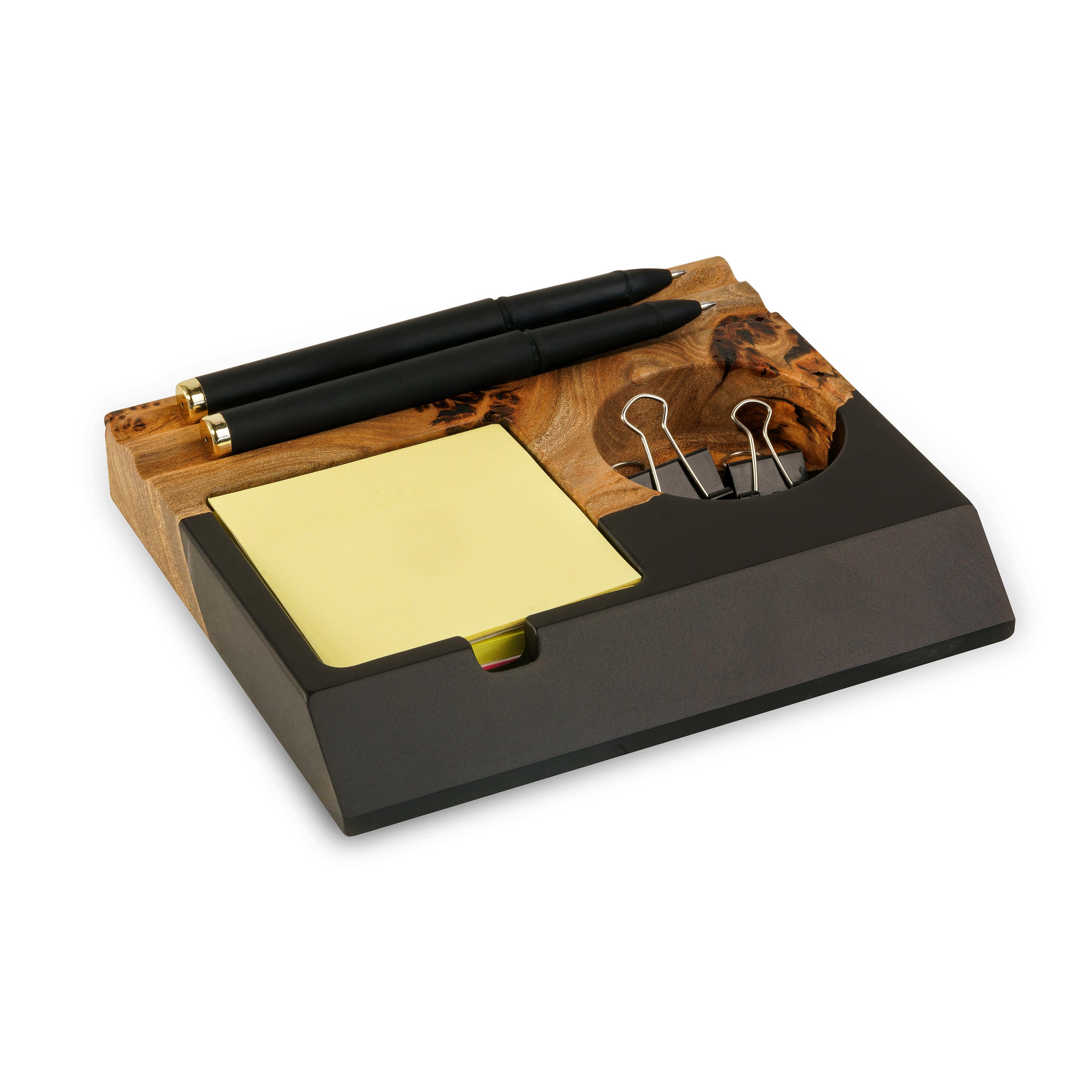 Black epoxy and elm wood desk organizer featuring a built-in phone stand and pen holder