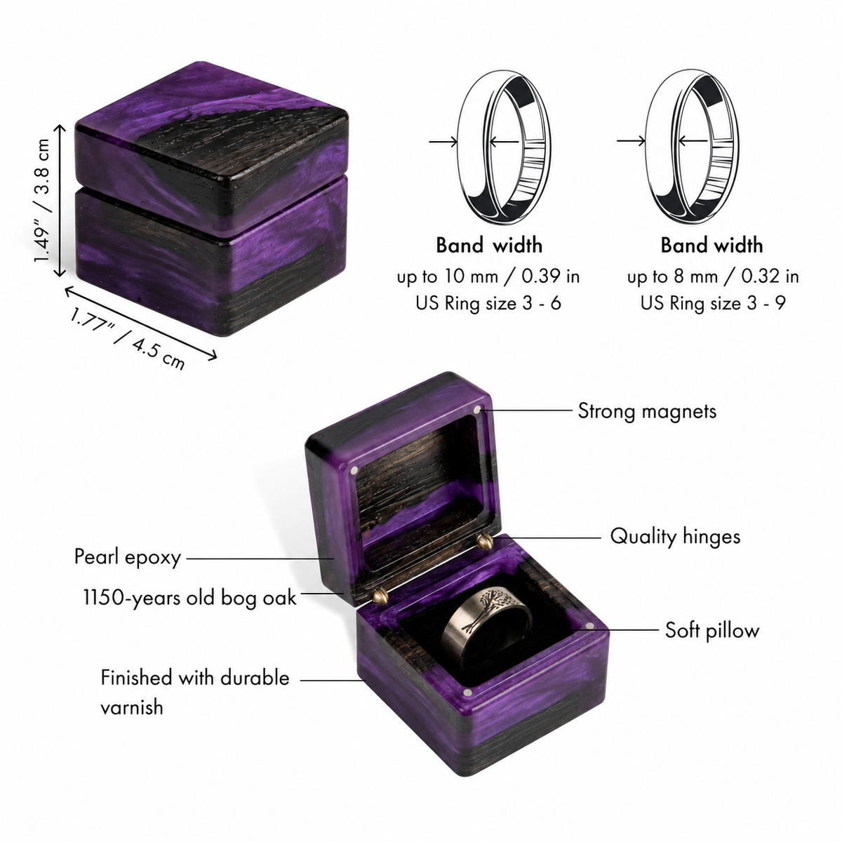 Purple ring box spec sheet: 1.77 x 1.49 in, band width limits, magnets, hinges and soft pillow