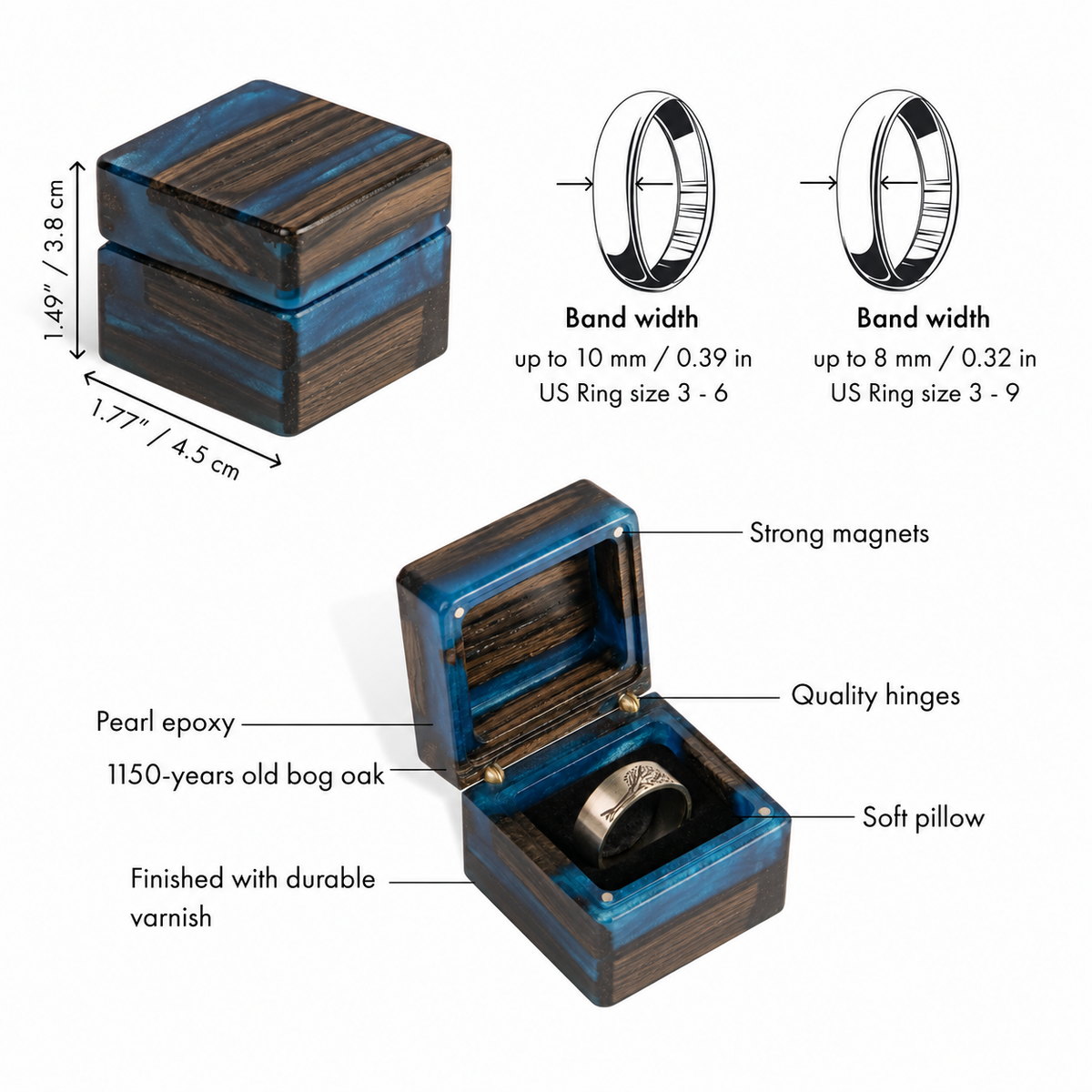 Blue ring box spec sheet: 1.77 x 1.49 in, band width limits, magnets, hinges and soft pillow