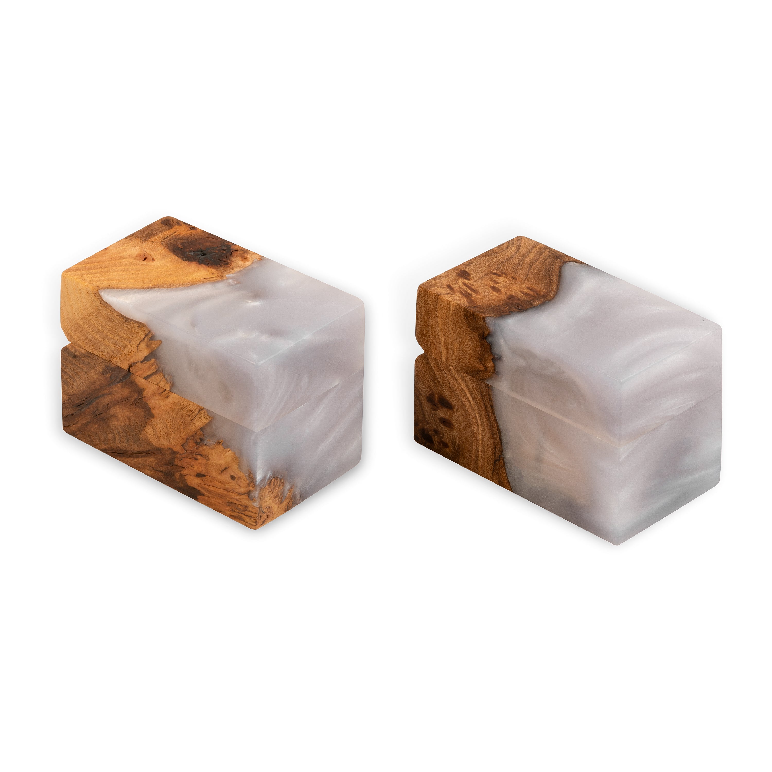 Closed platinum epoxy and elm wood engagement ring box displayed from multiple angles
