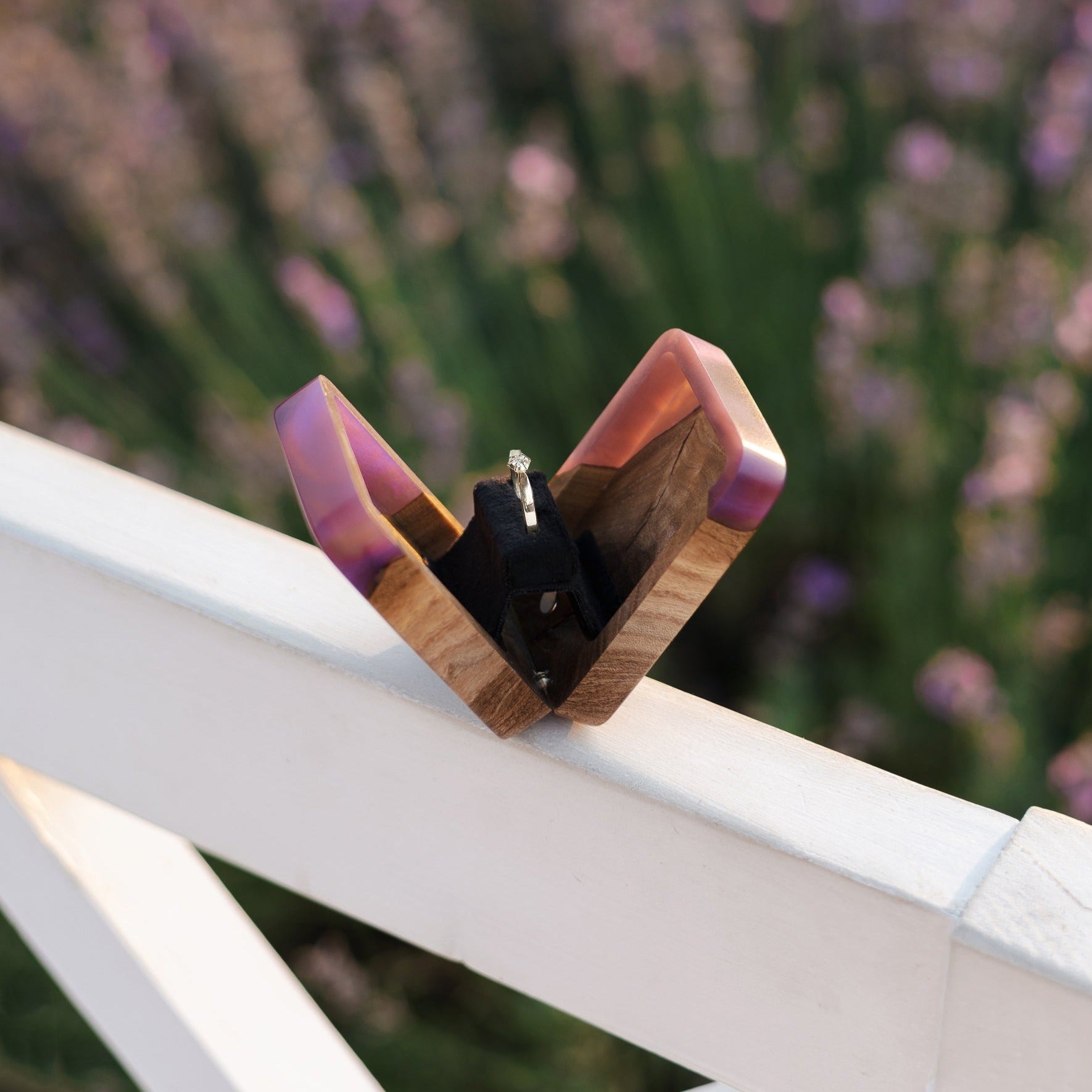 Closed engagement ring box made from purple epoxy and natural elm wood, FLIP collection