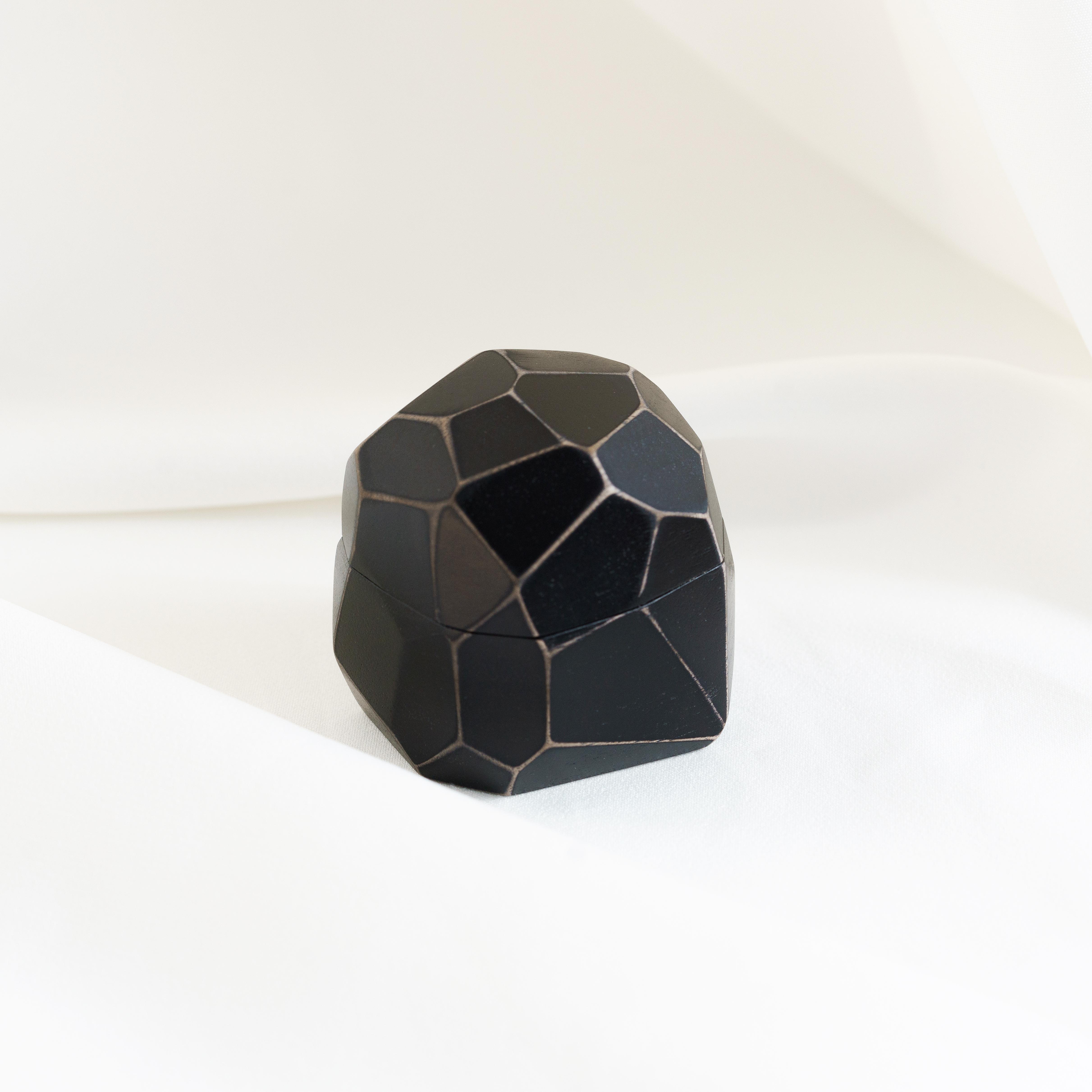Closed faceted proposal ring box crafted from black epoxy and bog oak wood, METEORITE collection