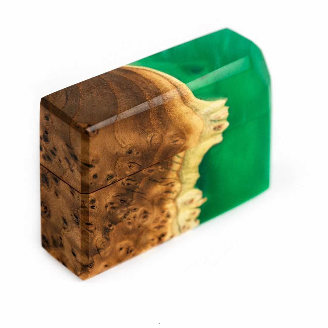 Compact closed proposal ring box crafted from green epoxy and elm wood
