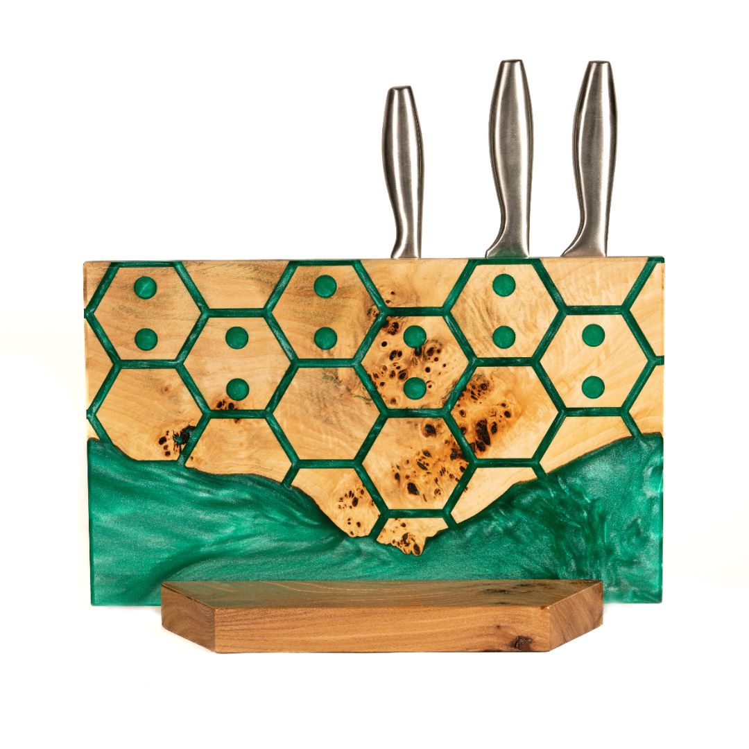 Green Pearl Epoxy Resin & Wood Magnetic Knife Block UNIVERSE – countertop