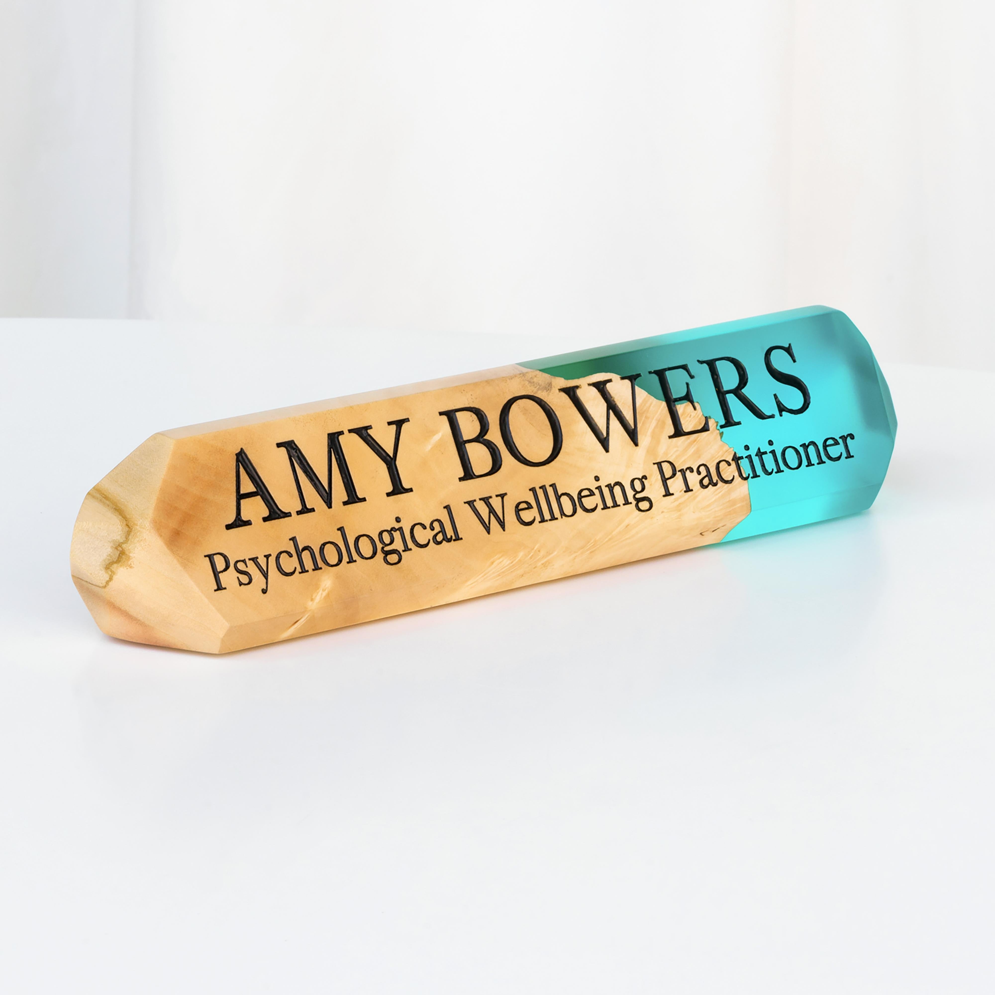 Personalized desk name plate handcrafted from maple wood and aqua blue epoxy resin