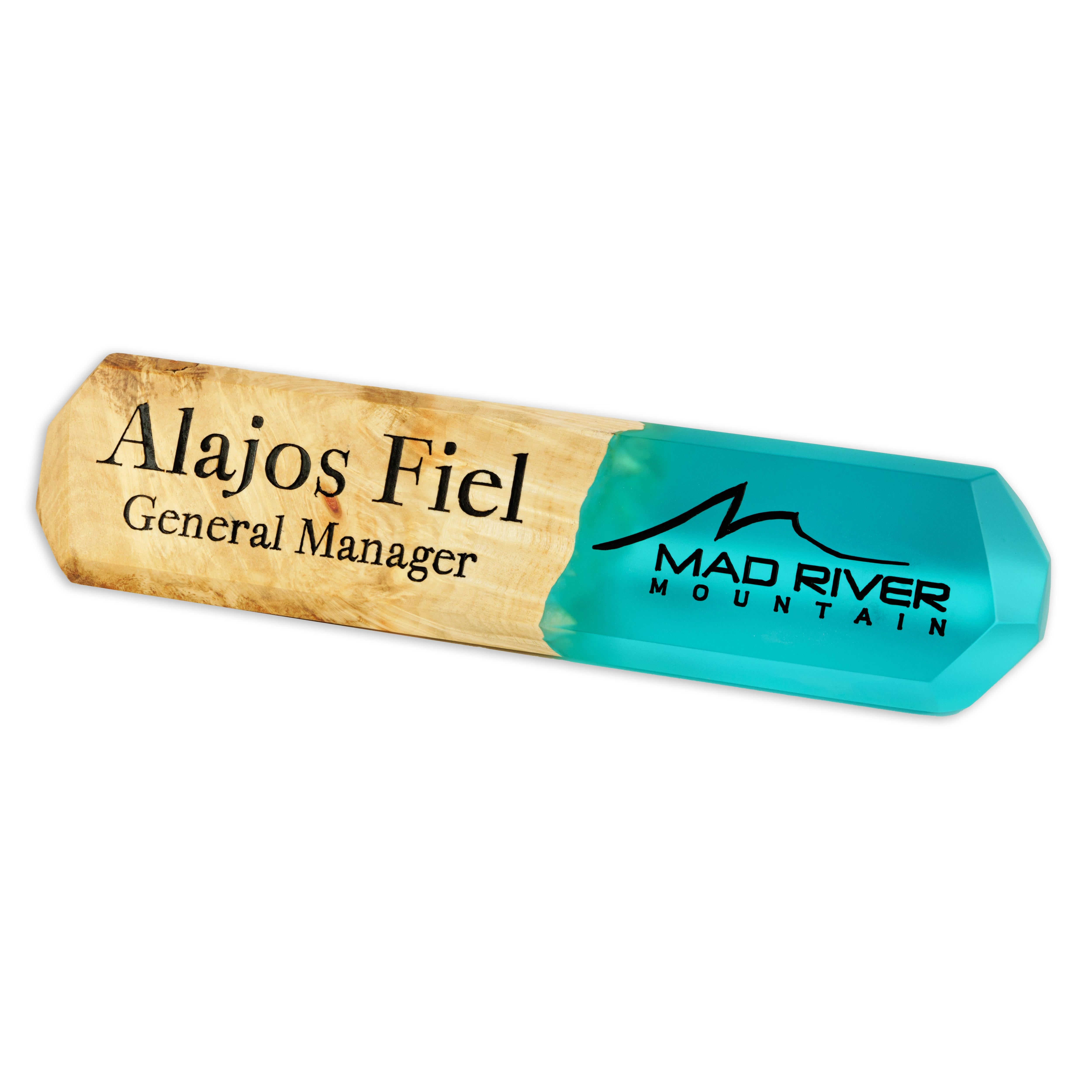 Perspective view of the personalized desk name plate made from maple wood and aqua blue epoxy resin